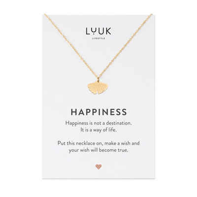 LUUK LIFESTYLE Kette mit Anhänger Ginkgo, Ginkgo Blatt Anhänger und HAPPINESS Geschenkkarte, modernes, minimalistisches Modeaccessoire, Schmuck zum täglichen Tragen, Glücksbringer für Reise, Prüfung, Gold