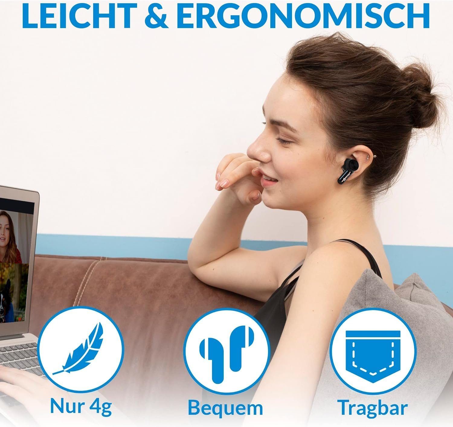KLIM Pods Bluetooth-Kopfhörer (Bluetooth, In-Ear Kopfhörer, Leichte und schnelle Kopplung, ANC, 24h Batterie)