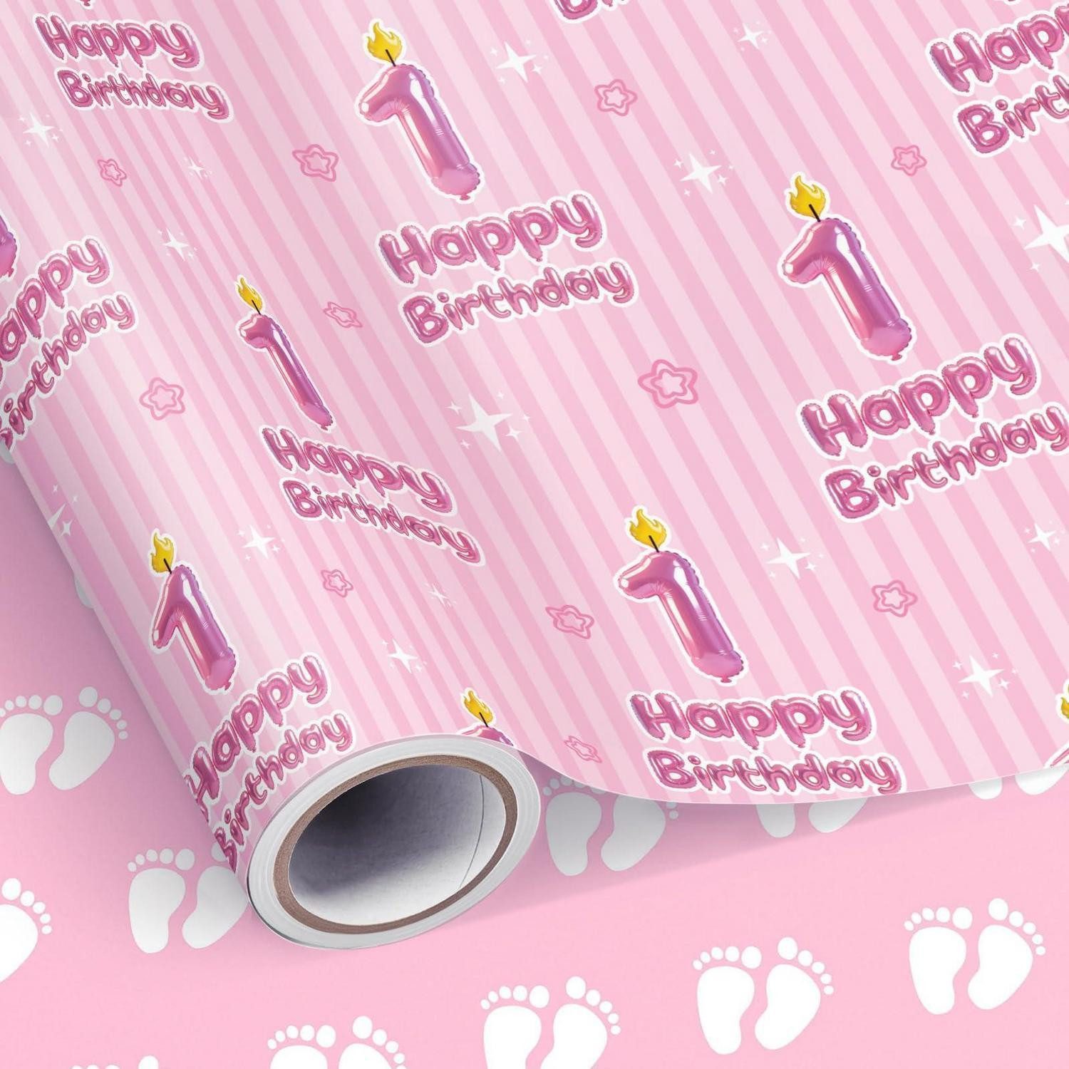 LuxusKollektion Geschenkpapier Geschenkpapier 1. Geburtstag Mädchen rosa Fußabdrücke
