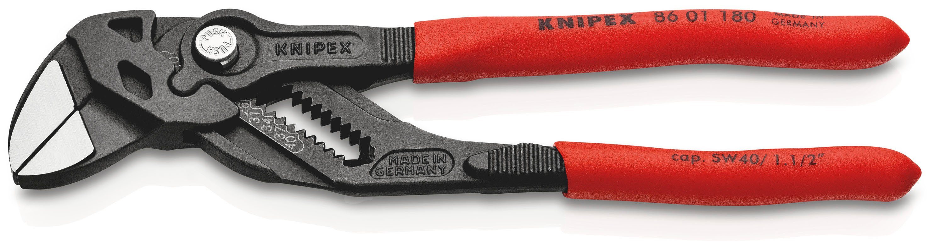 Knipex Zangenschlüssel 86 01 180 Zange und Schraubenschlüssel in einem Werkzeug, 1-tlg., grau atramentiert, mit Kunststoff überzogen 180 mm | Zangen
