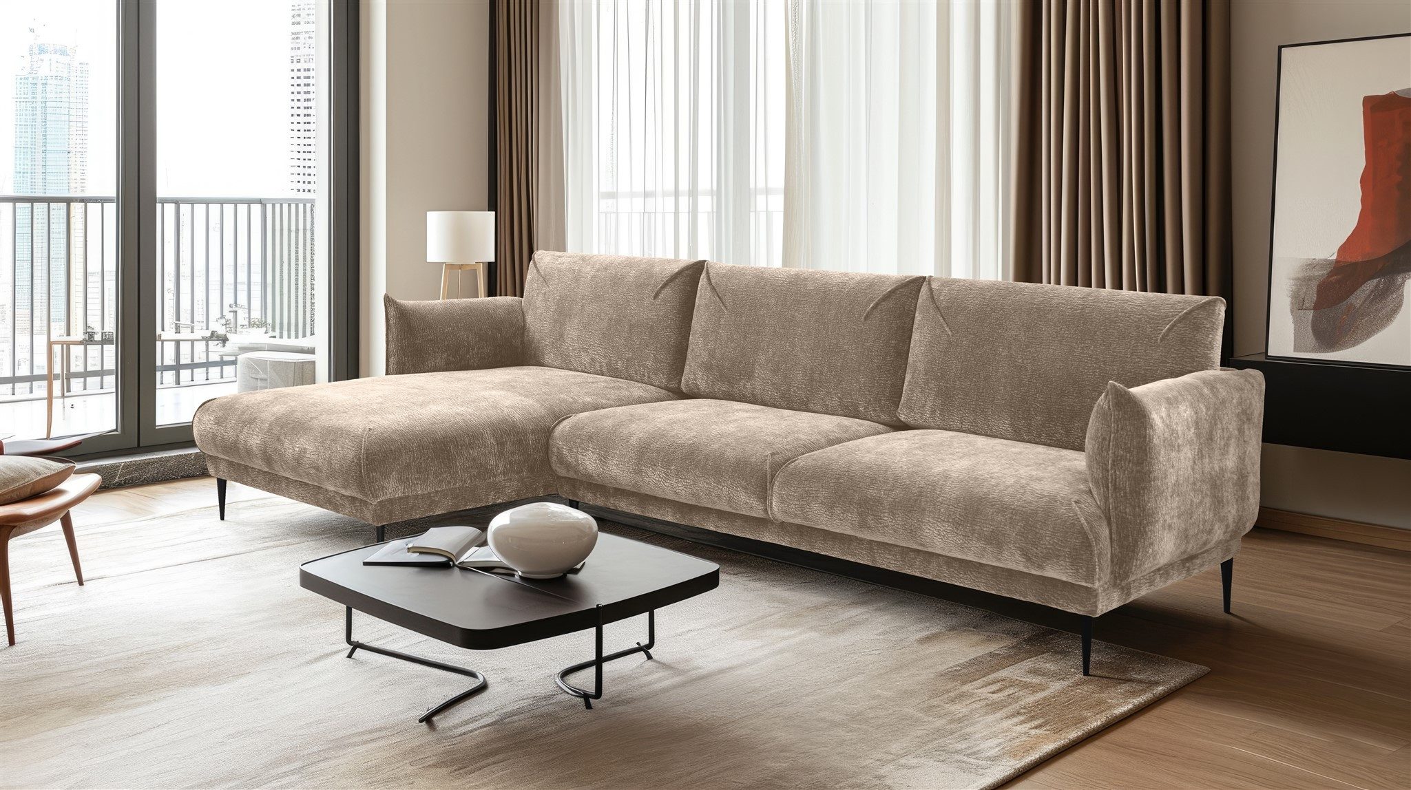Fun Möbel Ecksofa Designersofa MADISON in Stoff Dress Me, mit Ottomane Links oder Rechts, Rundumbezug