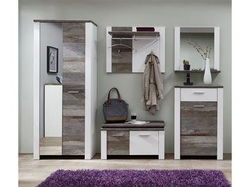 möbelando Garderobenschrank Mila Moderner Garderobenschrank aus melaminharzbeschichteter Spanplatte in Weiß, Absetzungen in Driftwood Nachbildung mit 1 Spiegeltür, 1 Holztür, 1 Konstruktionsboden, 4 Einlegeböden und 1 Kleiderstange. Breite 80 cm, Höhe 198 cm, Tiefe 39 cm