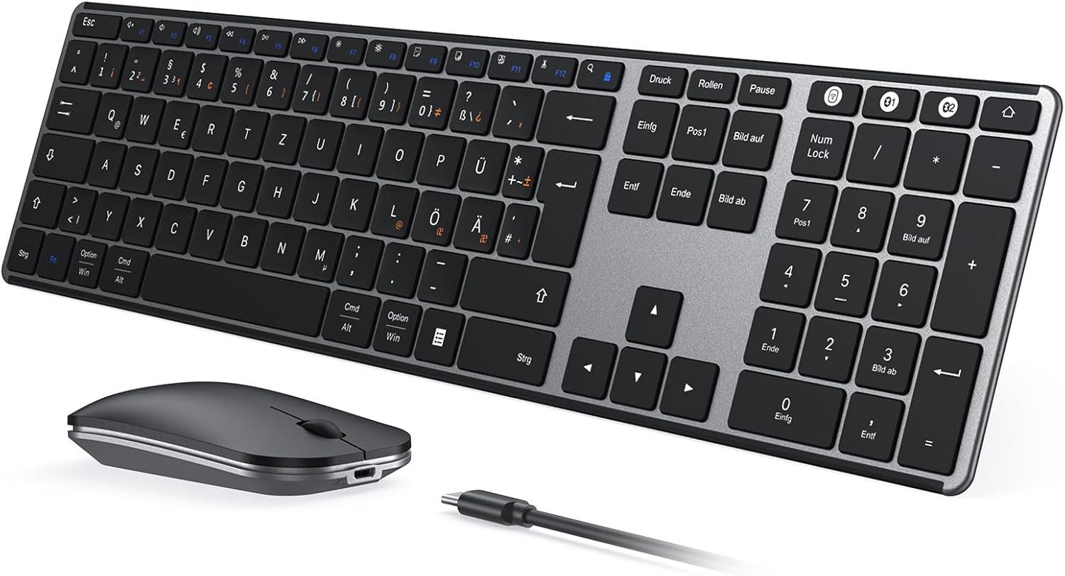 Seenda SKM64-3 Bluetooth Tastatur mit Maus Tastatur- und Maus-Set, (Wiederaufladbare Dualmodus USB & Bluetooth Tastatur aus Metal, 2 St., Tastatur&Maus(kabellos), USB-A/ BT1/ BT2