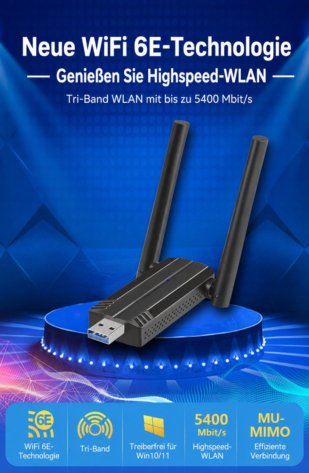 Forrlite WLAN-Stick AX5400 WLAN Adapter PC WiFi 6 Dualband,WLAN Stick für PC, 5GHz/2,4GHz mit Dual-5dBi-Antennen, WPS & Plug Play für Windows 10/11