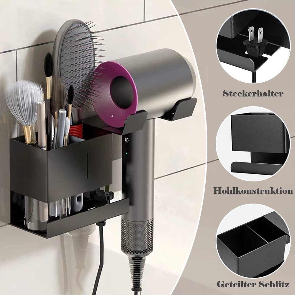 TUWENA Haartrocknerhalter Föhnhalter Wand Ohne Bohren, Föhn Halterung mit Steckerhalter, (Selbstklebend Fönhalter aus Aluminium für Bad Barbershop Hotel)