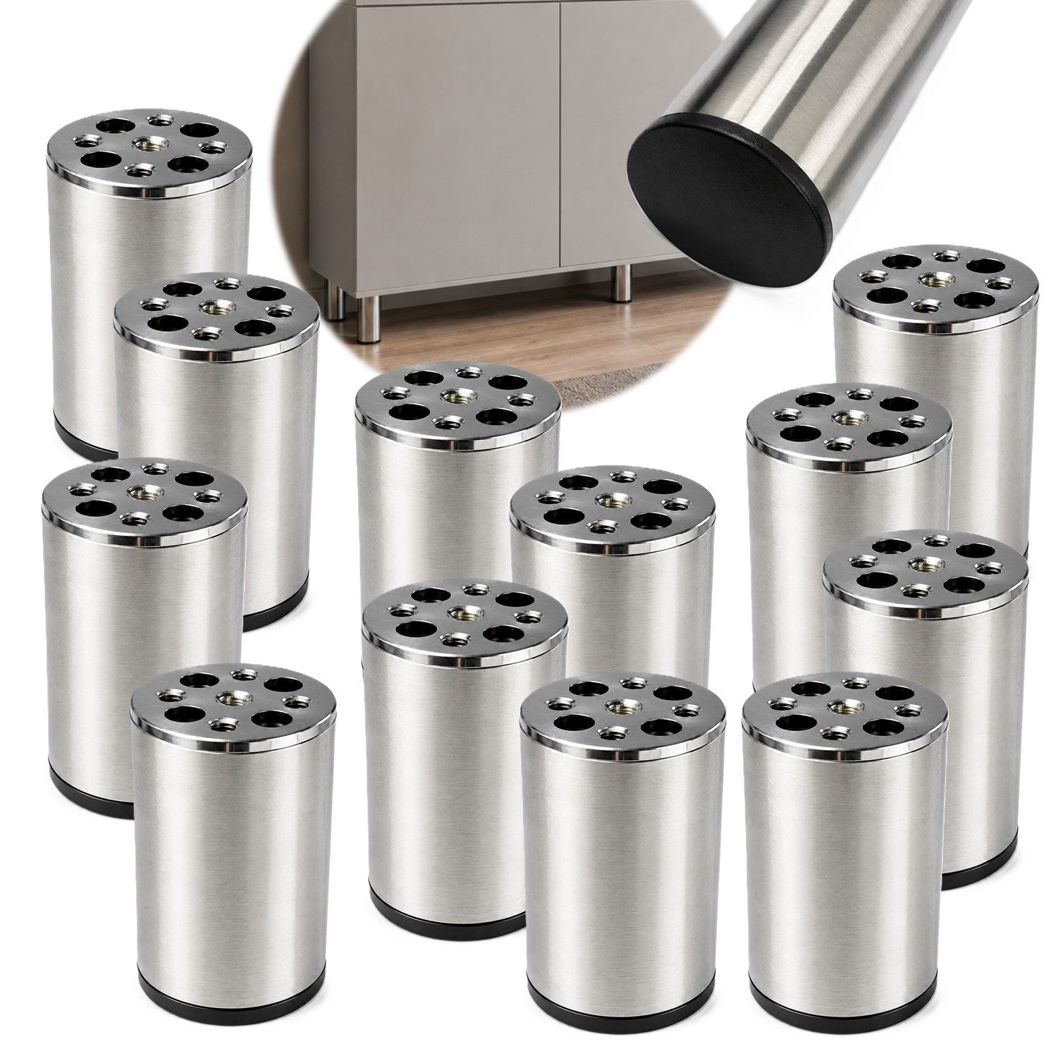 HOOZ Möbelfuß Edelstahl 80mm 12er Set gebürstet Ø50mm mit Kunststoffgleiter, (Set, 12-St., 12er-Set Möbelbeine), 3 mm Montageplatte mit M8-Gewinde und Kunststoffgleiter