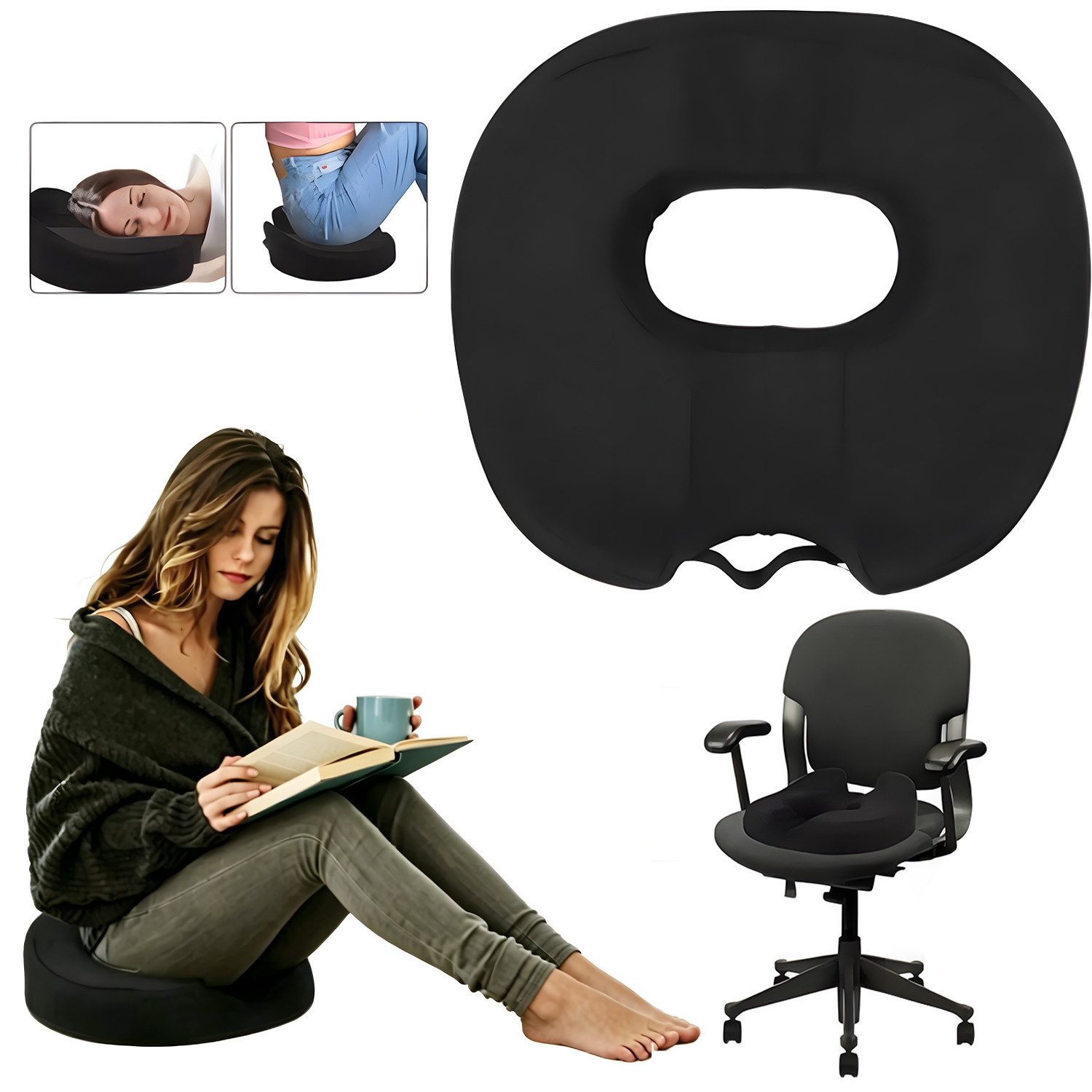 HEYHIPPO Sitzkissen Sitzkissen Memory Foam ergonomisch für Büro & Auto Schwarz 45×46×16cm, Hohles Sitzkissen groß –Druckentlastend für Bürostuhl, bis 90 kg