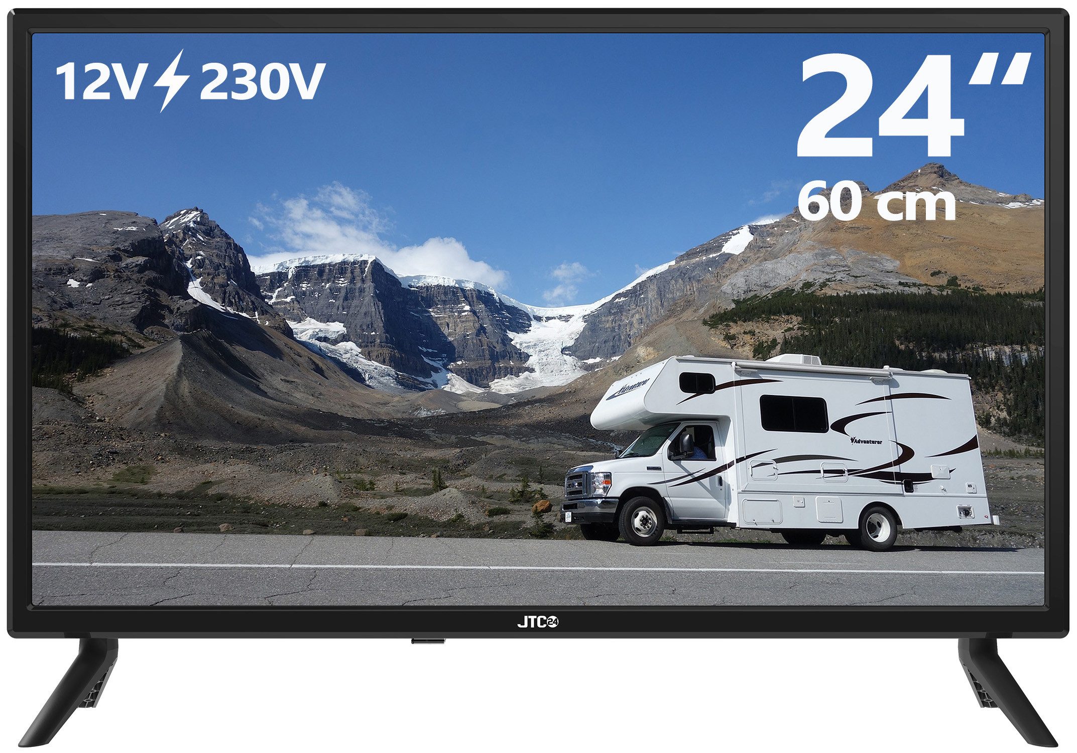 JTC-24 JTCT24H39241 LED-Fernseher (60,00 cm/24 Zoll, HD ready, 12-Volt / 230-Volt Anschluss, Fußball auch unterwegs beim Camping, Triple Tuner, USB-Mediaplayer, Kindersicherung, Sleep Timer, Ausschalt-Automatik)