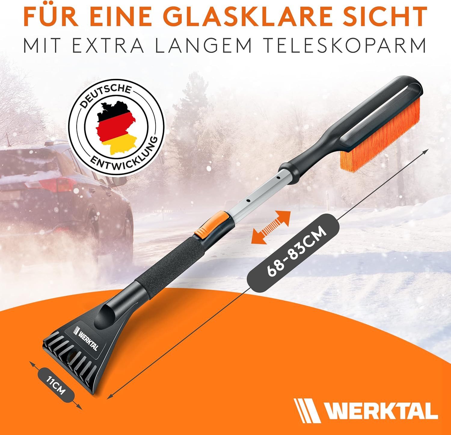 Werktal ice scraper with ice breaker function, gentle on car windows with integrated snow brush & telescopic pole, ergonomic handle