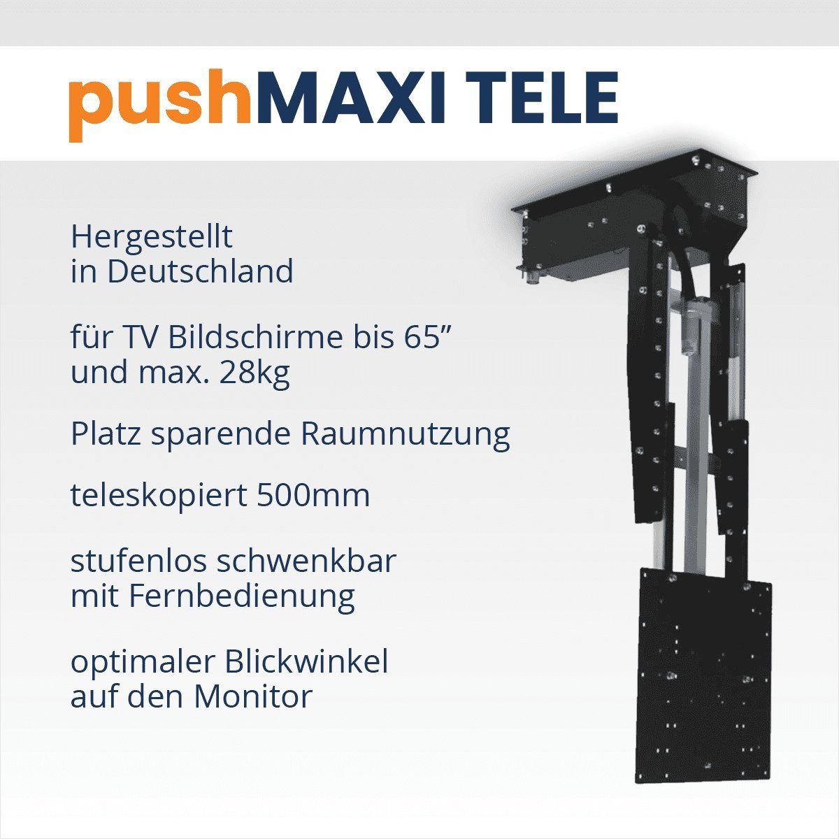 cleverUP pushMAXI-TELE+ROTO - TV Deckenhalterung 65,00 90°, drehbar teleskopierbar Zoll (bis Zoll, weiß 65 TV-Deckenhalterung, klappbar 500mm, bis 360)
