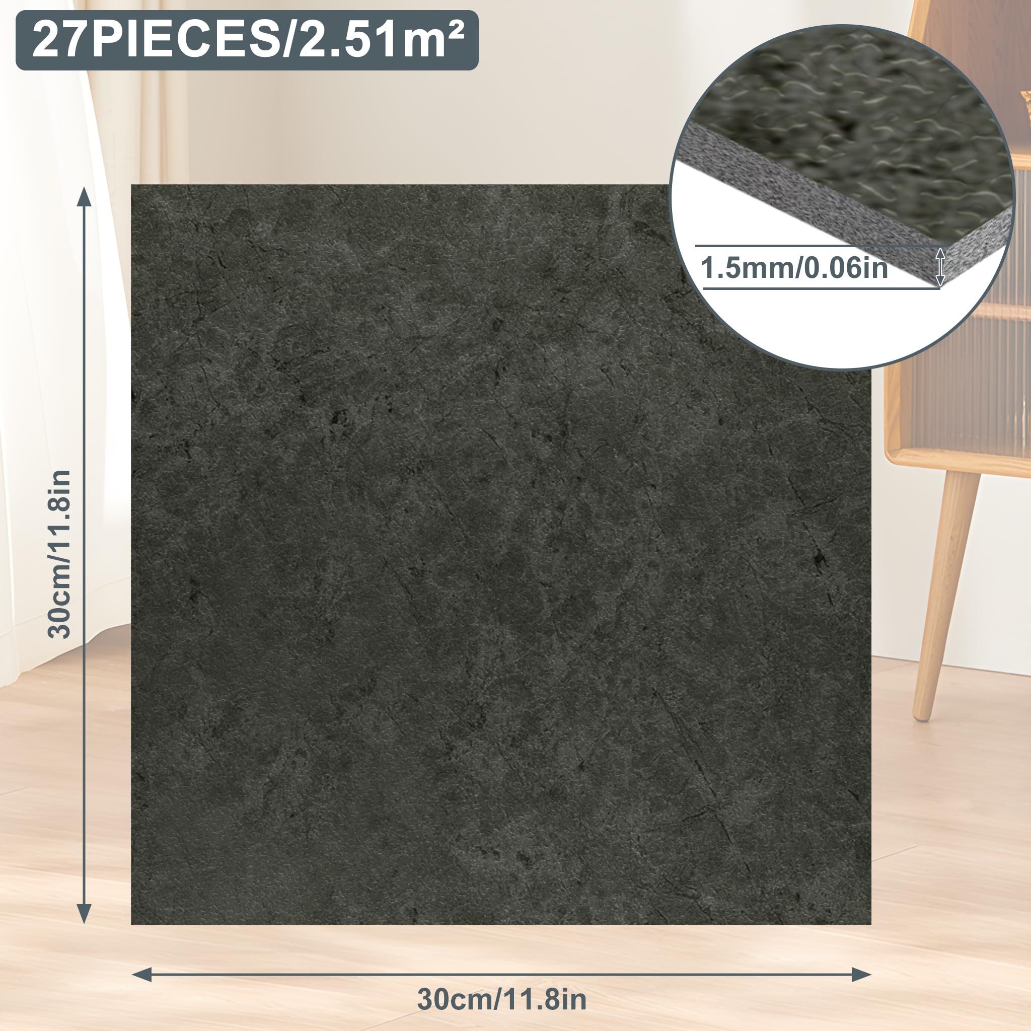 FIVMEN Vinylboden PVC Bodenbelag Selbstklebend Vinylboden Bodenfliesen 30cm×30cm, 27 Stück, 2.51m², Fliesenaufkleber Rutschfeste Venylbodenbelag für Schlafzimmer, Küche