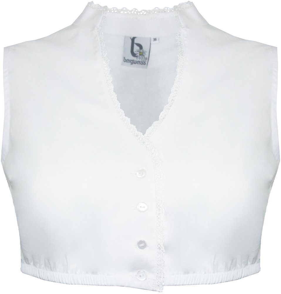 Bergweiss Trachten Dirndlbluse Ärmellose Damen Bluse Kadira mit Stehkragen  und Knopfleiste - Weiß