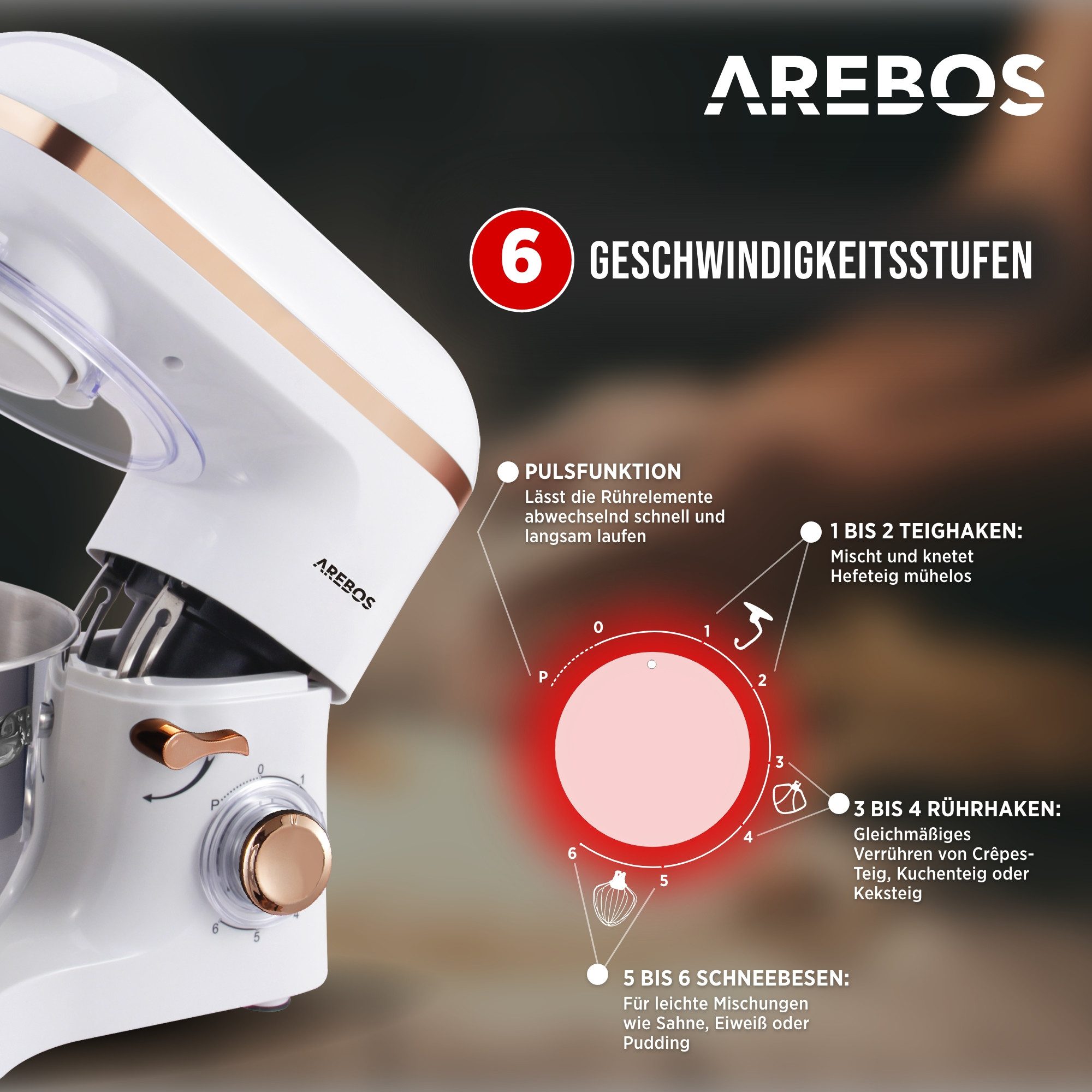 Arebos Küchenmaschine 6L Edelstahl-Rührschüssel, 1500 W, inkl. Rührhaken, Knethaken, Schneebesen, Spritzschutz