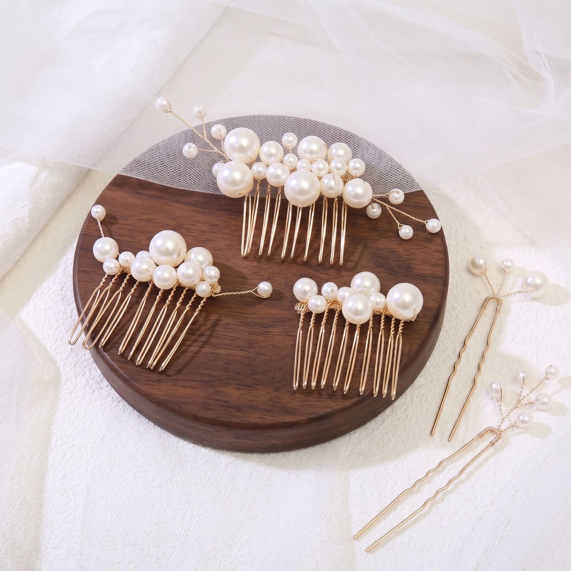 MOPUEA Diadem Braut Haarschmuck Set 5 Stück Haarnadeln Perlen Hochzeit Gold (Haarschmuck Set Braut Haarnadeln Haarkämme Hochzeit Gold, 5 Braut Haarkämme und Haa – Bild 4 von 5