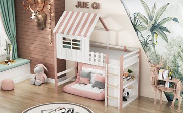 IDEASY Einzelbett Kinderbett 90x200 cm hoch und niedrig Bett für Jungen und (Rundum-Absturzschutz), Mädchen Heimbett Dachform mit Sicherheitsleiter mit Ablagefach