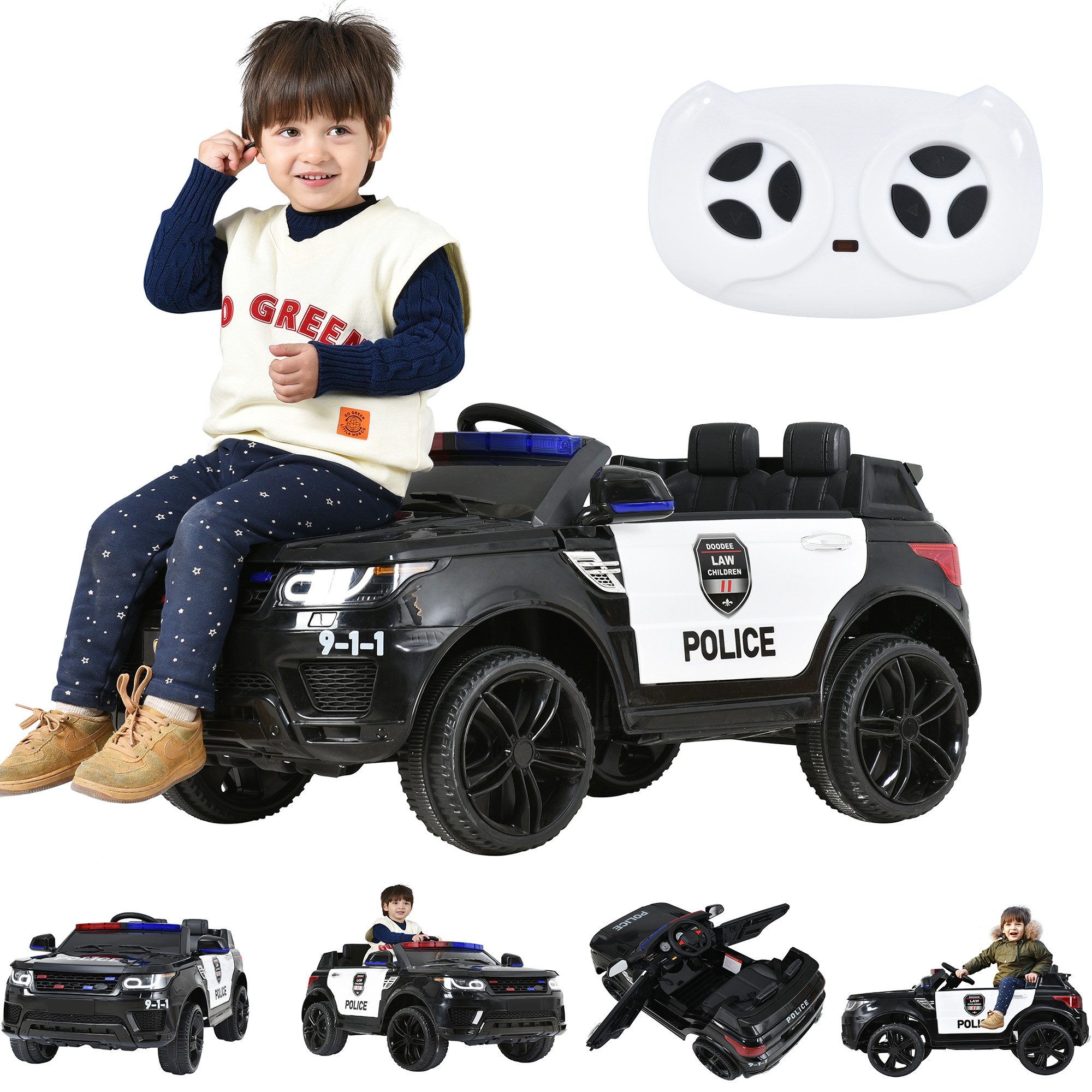 GelldG Elektro-Kinderauto Elektroauto Polizei, 2 Sitze Kinderauto, mit 2,4G Fernbedienung, MP3