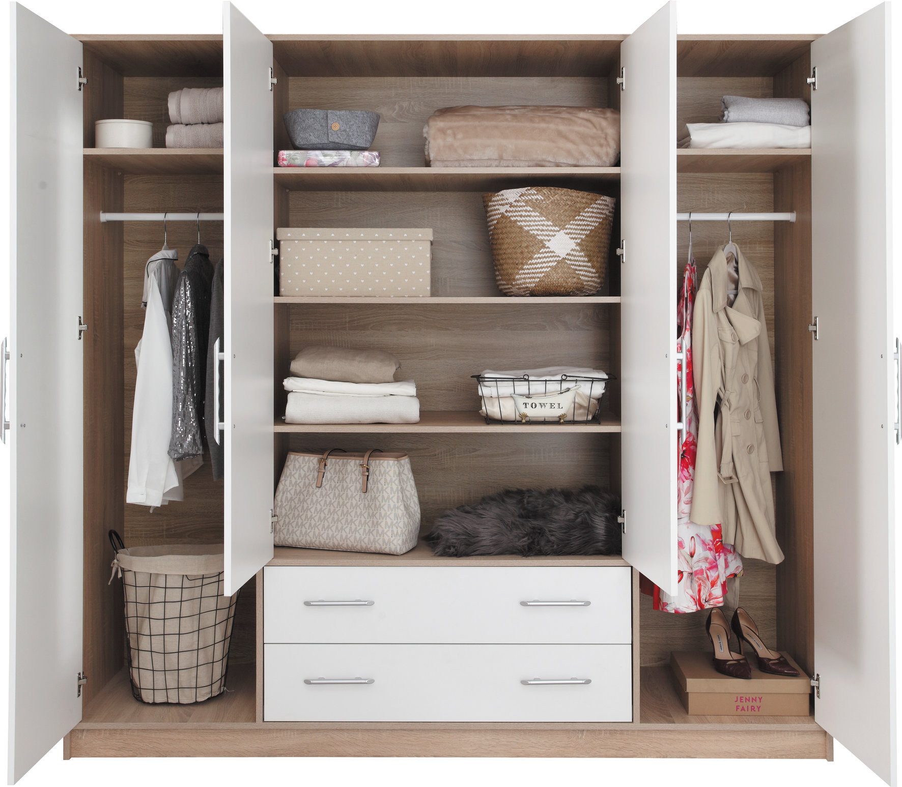 Masseno Drehtürenschrank VANO 200 cm Kleiderschrank 4 Türen und 2 Schubladen Weiß