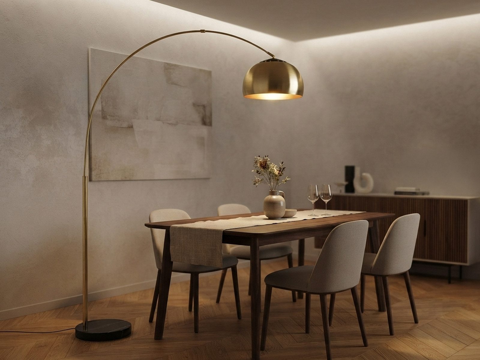 TRIO Leuchten LED Bogenlampe Messing Gold mit E27 LED, Höhe 200cm, dimmbar, LED wechselbar, Warmweiß, Bogen-Stehlampe große Ausladung, Bogenleuchte Wohnzimmer & Esstisch