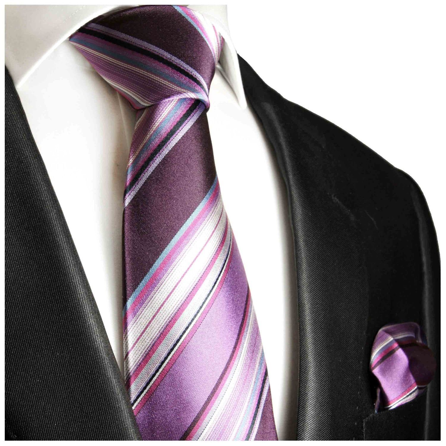 Paul Malone Krawatte Herren Seidenkrawatte mit Tuch modern gestreift 100% Seide (Set, 2-St., Krawatte mit Einstecktuch) Breit (8cm), lila violett 251