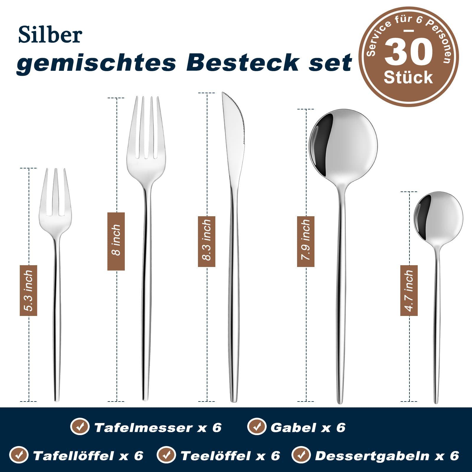 Zyronn Besteck-Set für 6 Personen, 30 teilig Essbesteck Set inkl. Messer, Gabel, Löffel, Besteck Edelstahl, Spülmaschinenfest – Bild 2 von 5