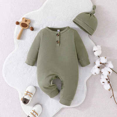 Gluckids Strampler Baby Jungen Langarm Strampler Einfarbig Overall + Mütze Outfits Set (2-tlg) Baby-Krabbelkleidung Waffel babykleidung Bodysuit Outfits, 3-24 Monate