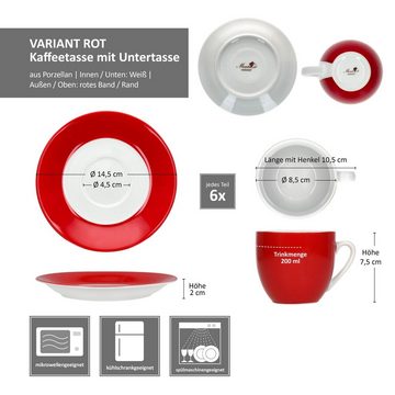 MamboCat Tasse 6er Set Variant Rot Kaffeetassen mit Untertassen für 6 Personen, Porzellan