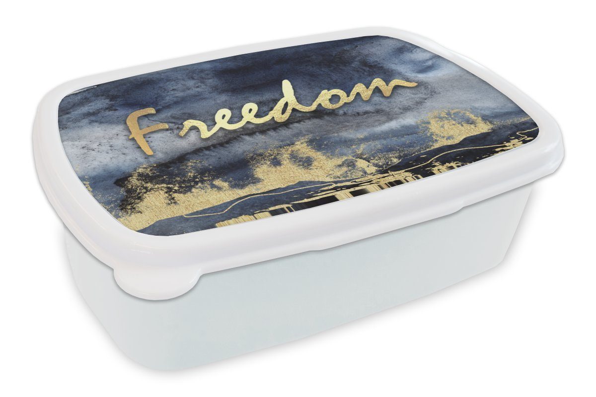 MuchoWow Lunchbox Zitat - Freiheit - Gold - Schwarz, Kunststoff, (2-tlg), Brotbox für Kinder und Erwachsene, Brotdose, für Jungs und Mädchen weiß