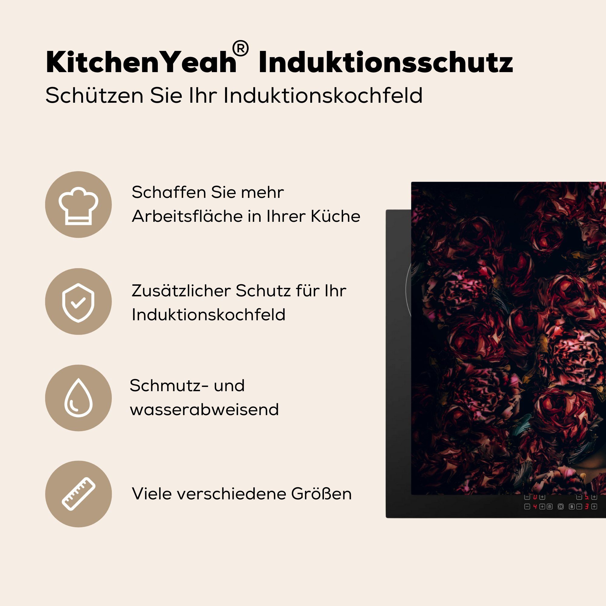 Frau Porträt, Blumen - Arbeitsplatte (1 Herdblende-/Abdeckplatte MuchoWow cm, - Ceranfeldabdeckung, tlg), Henna - für Vinyl, 81x52 küche
