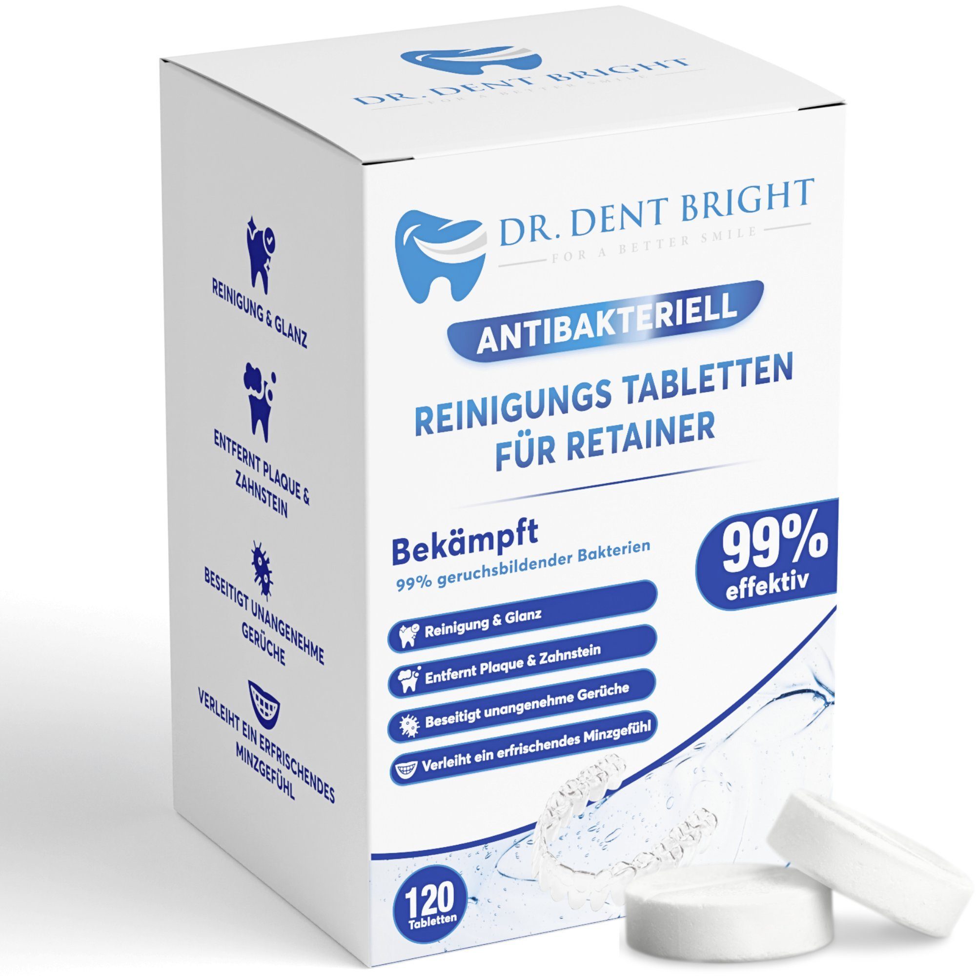 Dr. Dent Bright Retainer Reinigungstabletten – 120 St für Zahnspangen, Zahnersatz etc. Reinigungstabletten (120-St. Für die gängigsten Arten von Zahnprothetiker geeignet)
