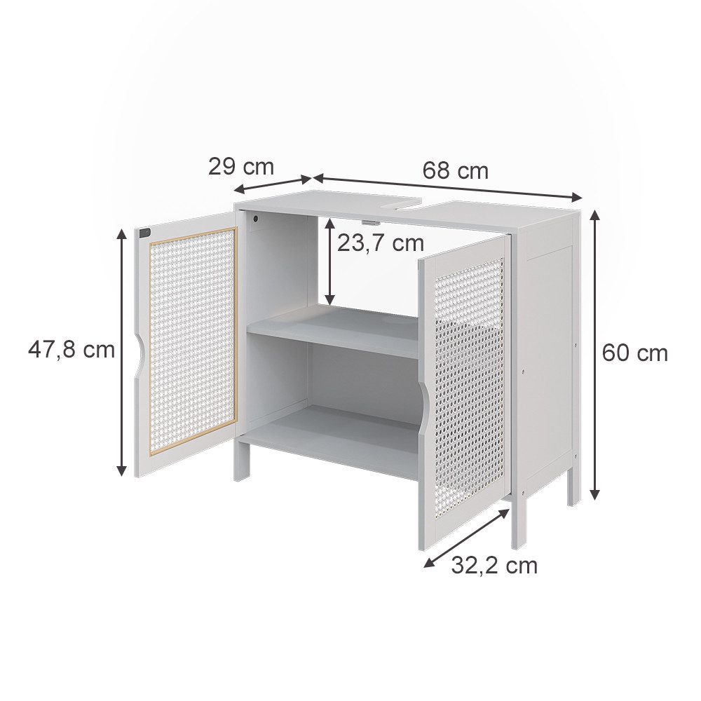 Vicco Waschbeckenunterschrank Liora, Weiß/Rattan/Creme, 68 x 60 cm mit 2 Türen (1-St)