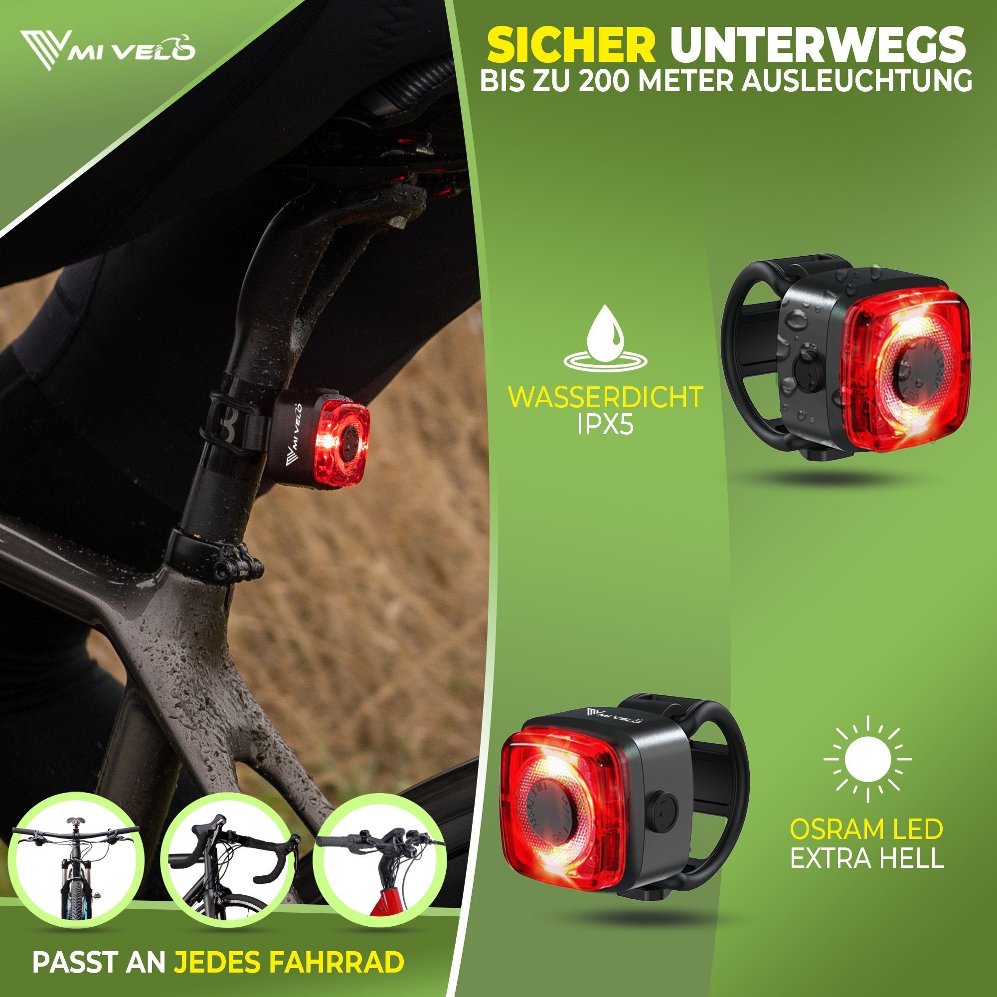 MIVELO Fahrradbeleuchtung CUBE Fahrradlicht Set LED - Akku USB aufladbar wasserdicht, OSRAM LED