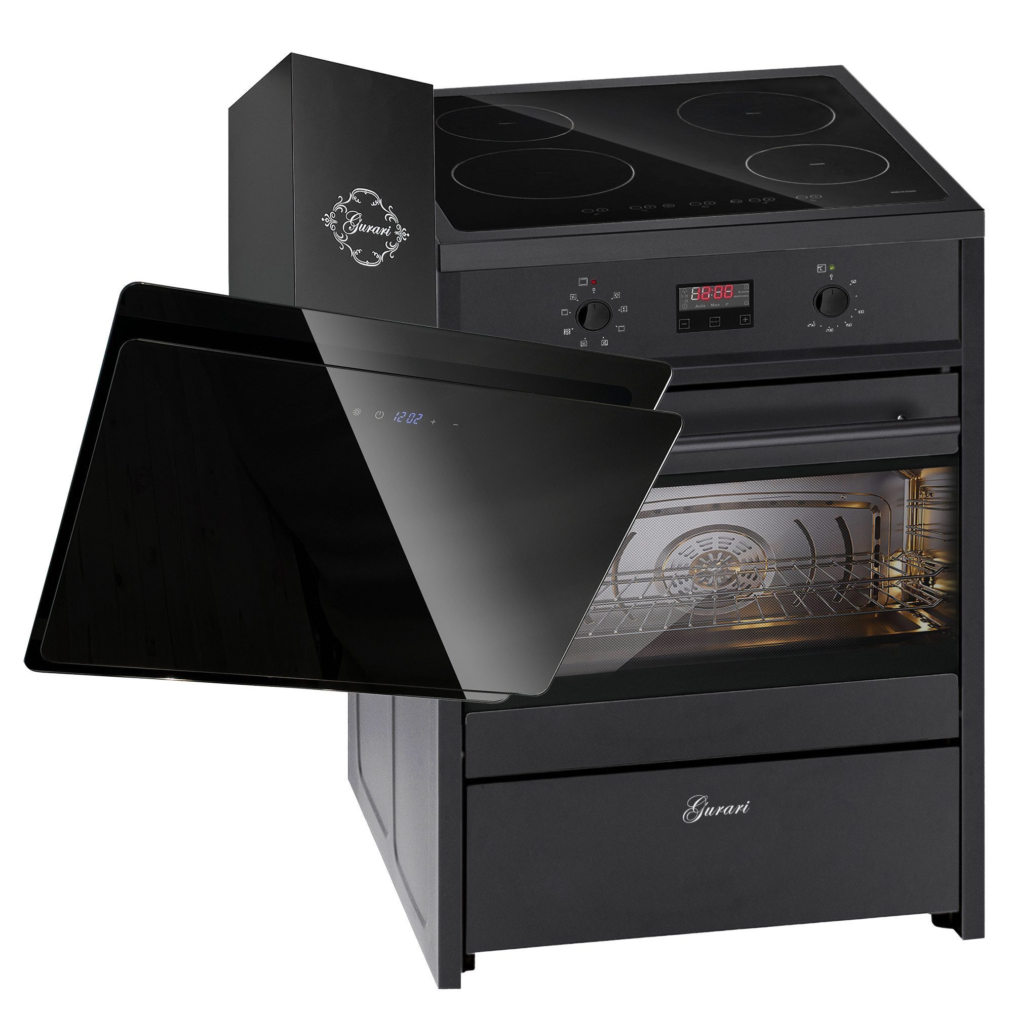 GURARI Induktions Herd-Set Induktions Standherd 60 cm, Schwarz, Range Coocker 60 L mit Dunstabzugshaube 60cm 1000m³/h GCH E 612 BL+GCH S 411 60 BL PRIME N.., mit 1-fach-Teleskopauszug