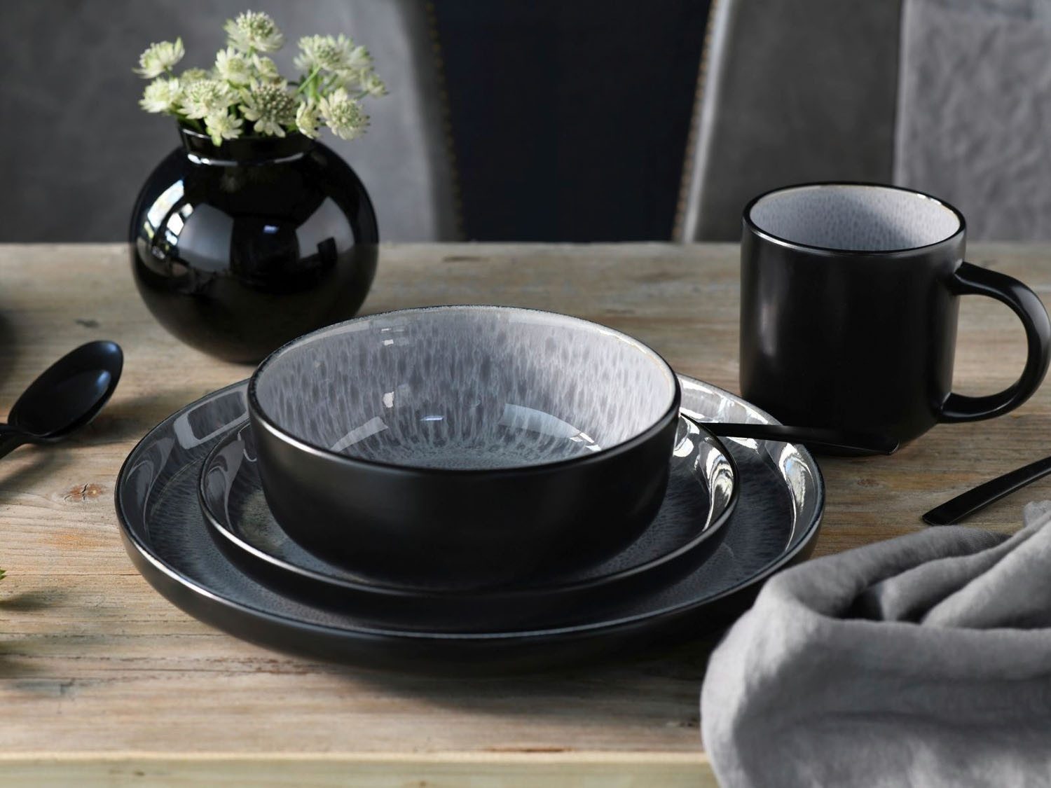 CreaTable Kombiservice NORDIC FJORD, Grau, Schwarz, mit Reaktivglasur, (16-tlg), 4 Personen, Steinzeug, Spülmaschinengeeignet, Mikrowellengeeignet