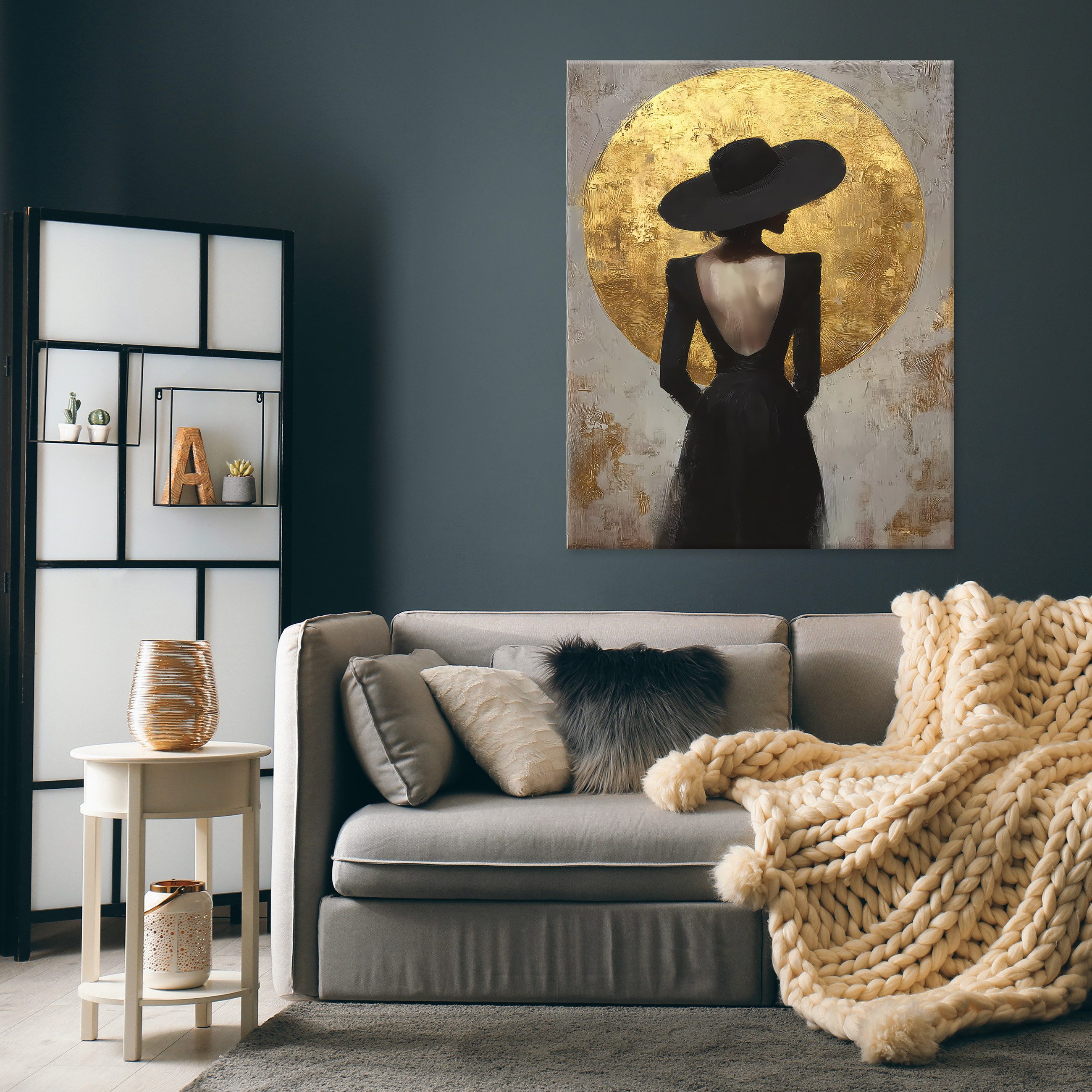 Wallarena Leinwandbild Frau mit Hut Schwarz Weiß Gold Abstrakt Wandbilder W günstig online kaufen