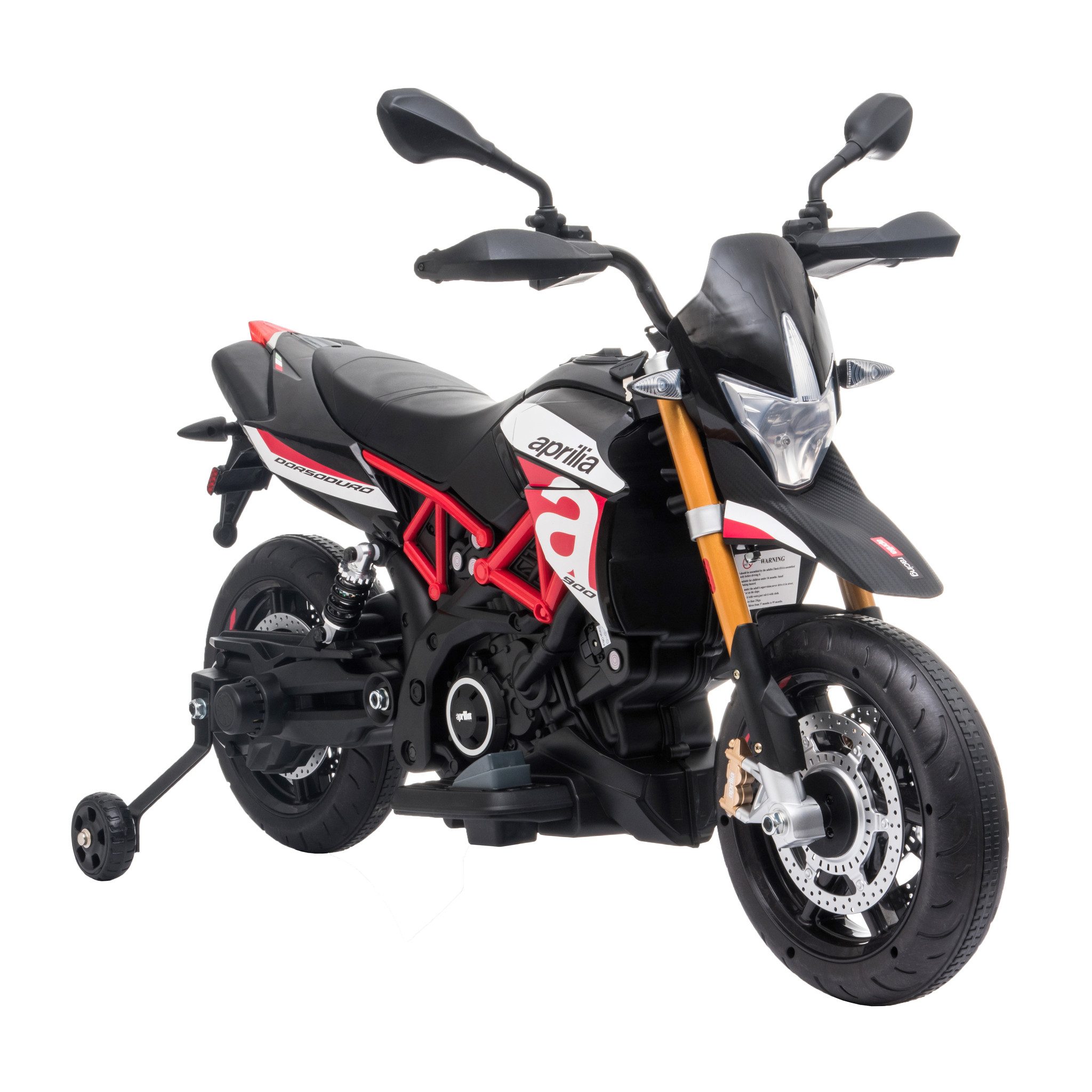 Hecht Elektro-Kindermotorrad Aprilia Dorsoduro 900 12V mit Stützrädern & Musik, Lizenziertes Design, LED-Licht, Zündschlüssel-Start