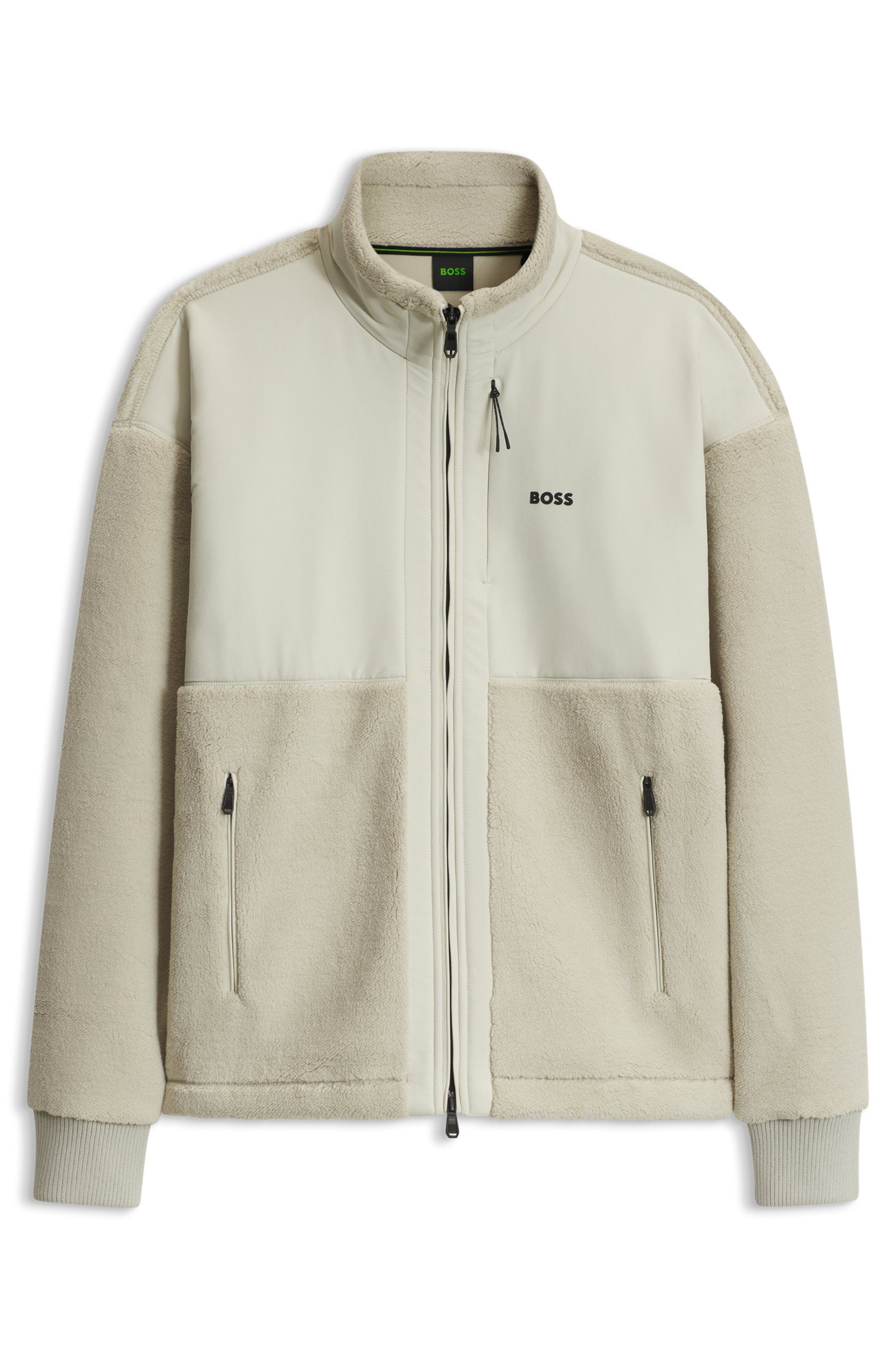 BOSS GREEN Fleecejacke SW_Sveedy Long mit Webdetails, Relaxed Fit, Logo-Stickerei