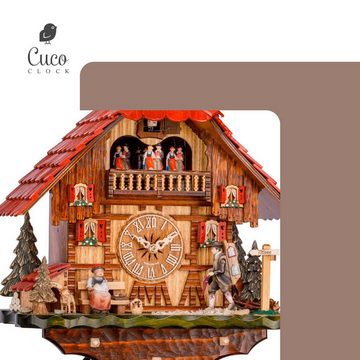 Cuco Clock Pendelwanduhr Kuckucksuhr Schwarzwalduhr "Wanderlust" Wanduhr aus Holz (20 x 34 x 42cm, 8 - Tage Werk, automatische Nachtabschaltung)