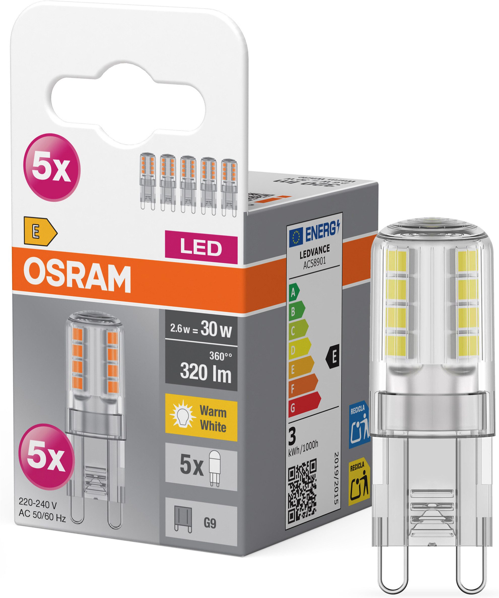 Osram LED-Leuchtmittel Star PINLED-Lampe, Klar, G9, 5 St., Warmweiß