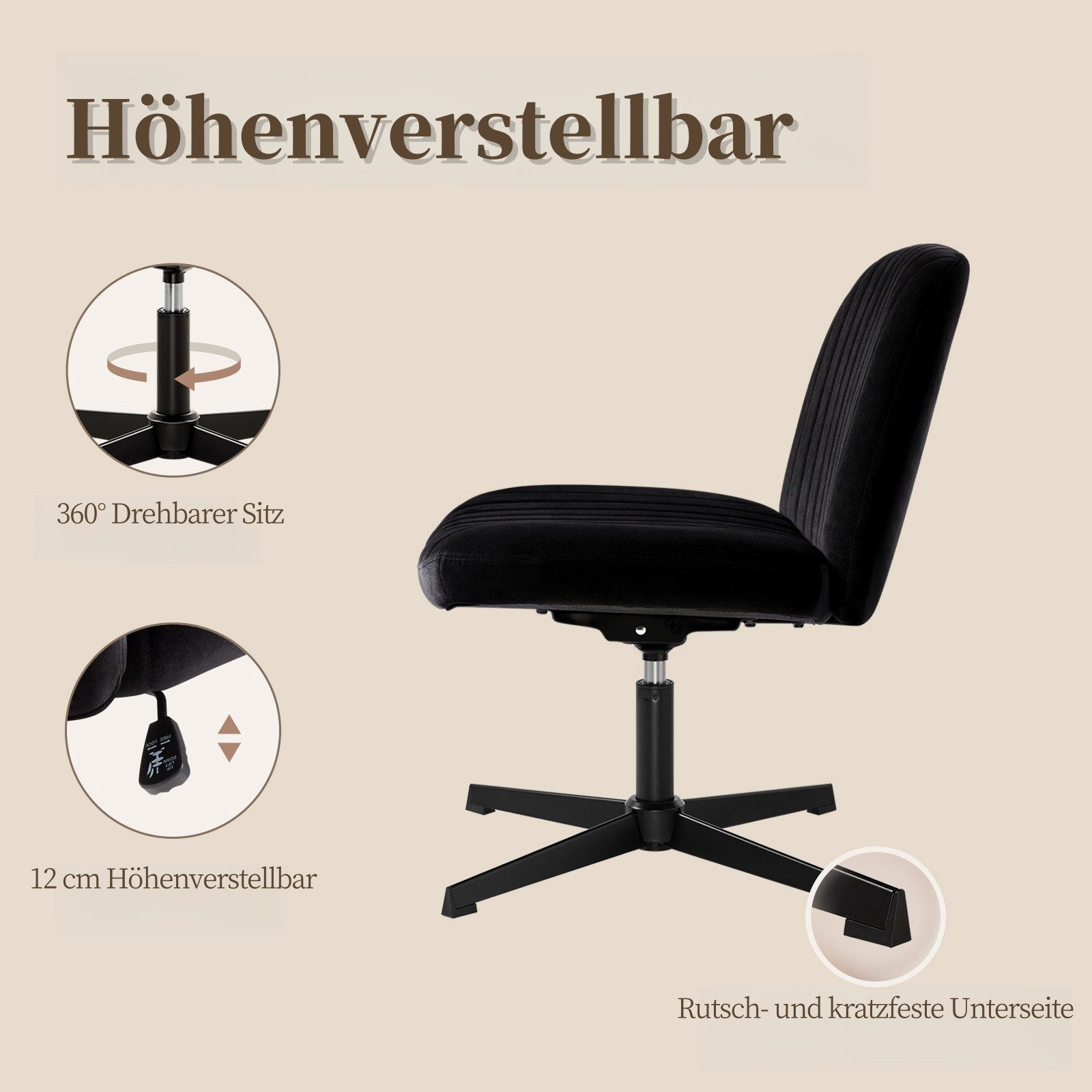 Intimate WM Heart Bürostuhl Ohne Armlehnen, Ergonomischer Schreibtischstuhl (Lesesessel mit 10cm dickem Sitzkissen), Drehstuhl Ohne Rollen, Höhenverstellbar Stuhl