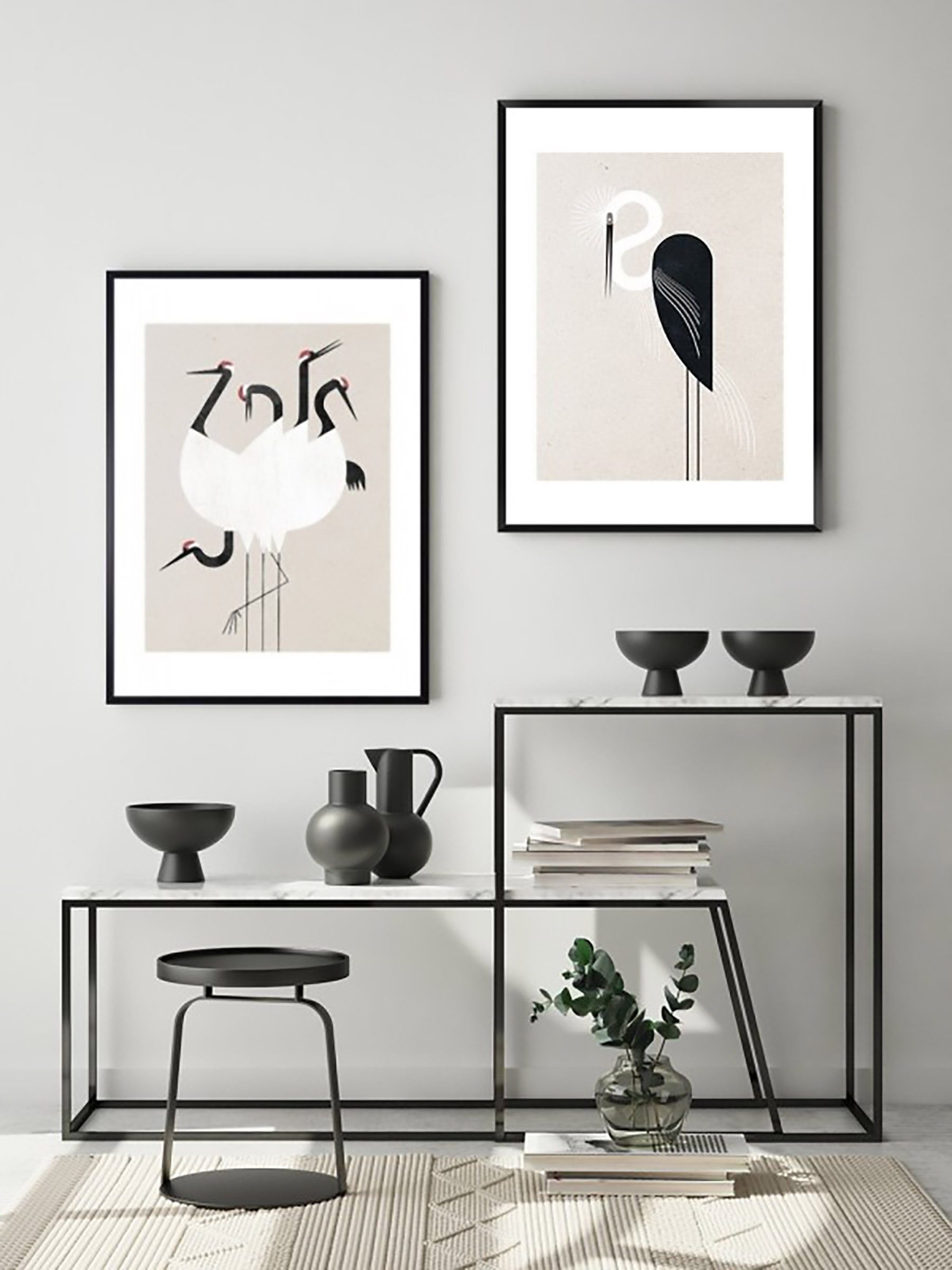 60x90 (1 laminiert/ Kunstdruck und Home Ideas abwischbar Rahmen ist abstrakt Bild somit Wanddeko Grafik Cosy cm, Wandbild Vögel Stück), feucht Storch biege Bild mit Der japanisch beschichtet