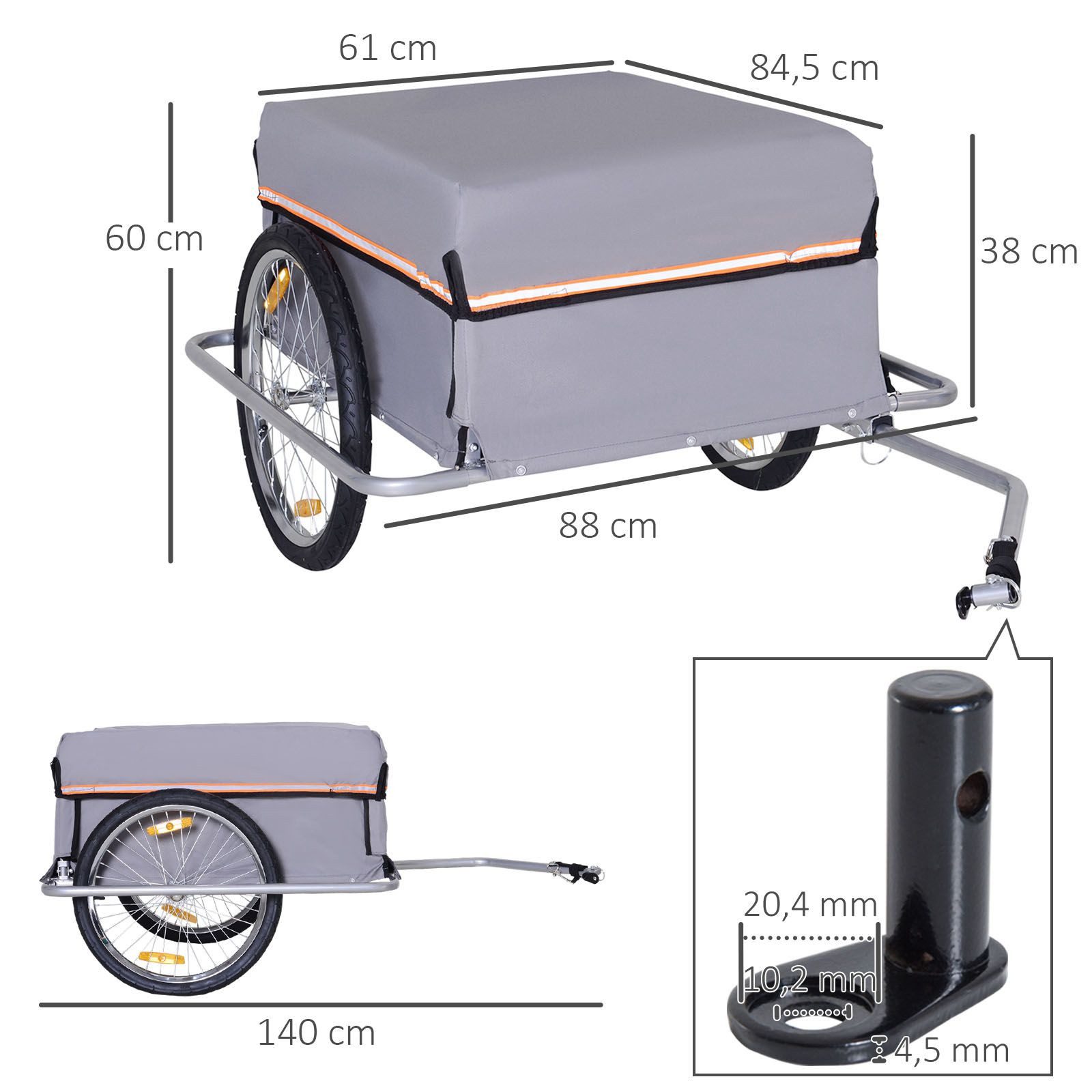 HOMCOM Bicycle Cargo Trailer, Transport Trailer, Bicycle, Grey, 140 x 88 x 60 cm