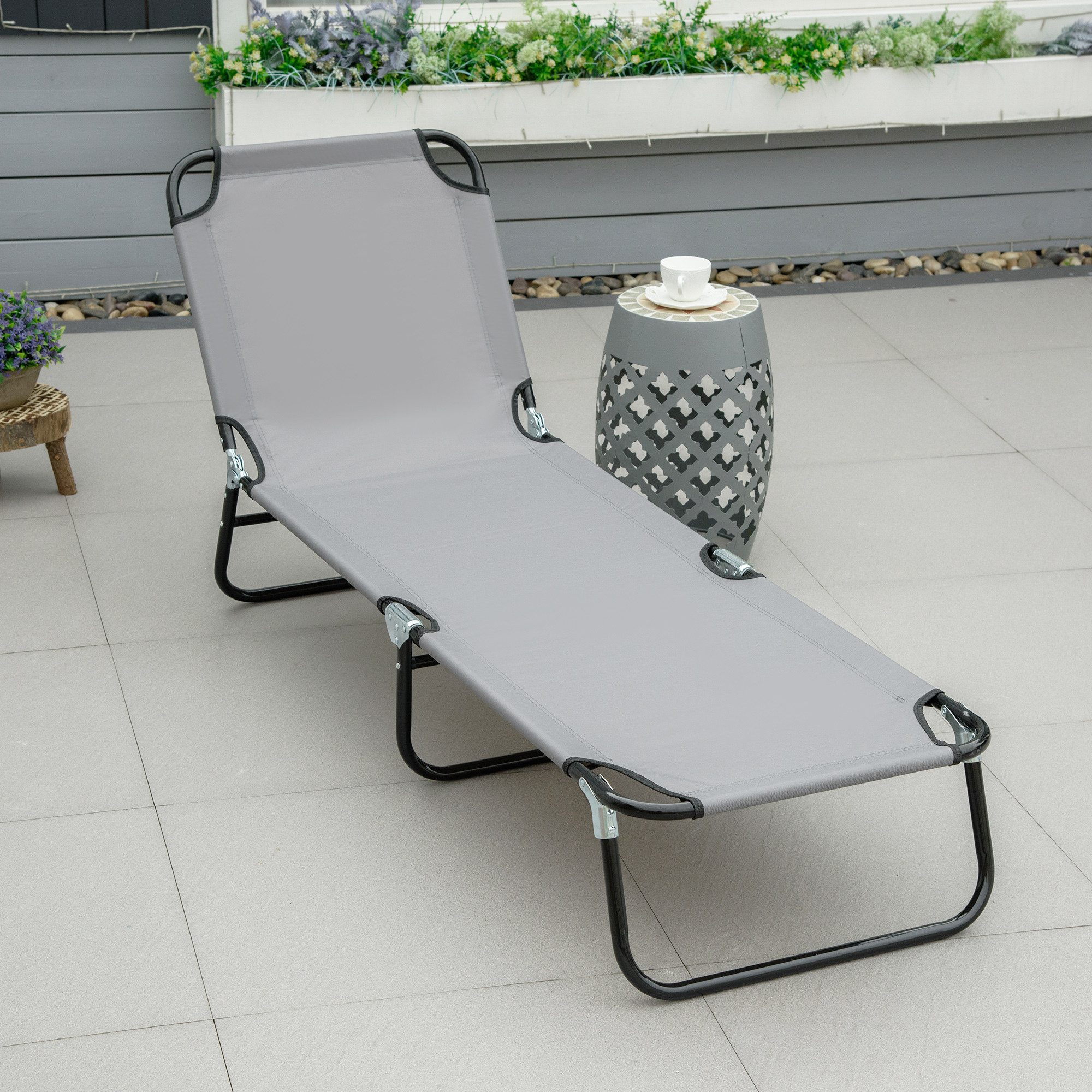 Outsunny Gartenliege Sonnenliege, Balkonliege zusammenklappbar, Campingliege, 1 St., Liegestuhl, für Garten, Balkon, Stahl, Grau, 188 x 56 x 28cm