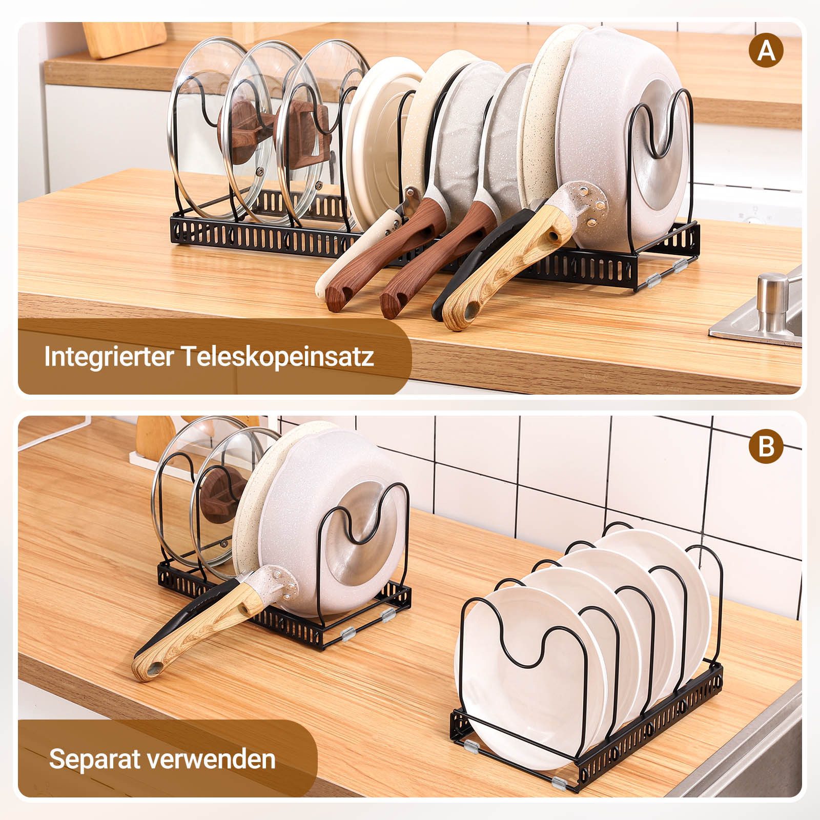 Yorbay Geschirrständer Erweiterbarer Topfdeckelhalter, Teleskopregal, Pfannenhalter Pfannen Organizer für Topfdeckel und Pfannen – Bild 3 von 5