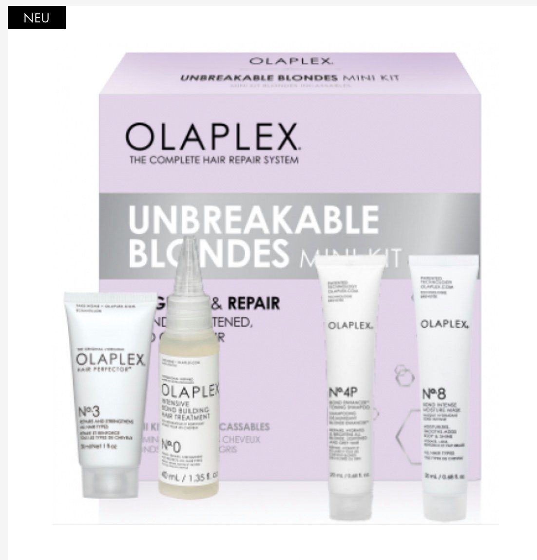Olaplex Haarpflege-Set Unbreakable Blondes Kit, Reiseset, 4-tlg., No. 0 40 ml + No. 3 30 ml + No. 4P 20 ml + No. 8 20 ml, repariert, neutralisiert Gelbstich, Feuchtigkeitsspendend