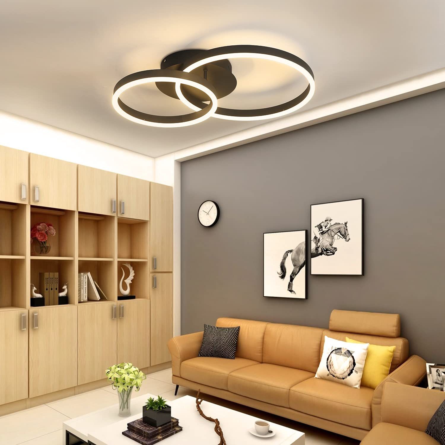 ZMH LED Deckenleuchte Deckenlampe 2 Ringe 59 cm Schwarz 46 W, dimmbar mit Fernbedienung, LED fest integriert, 3000-6500 K, stufenlos dimmbar, modern für Wohnzim – Bild 4 von 5