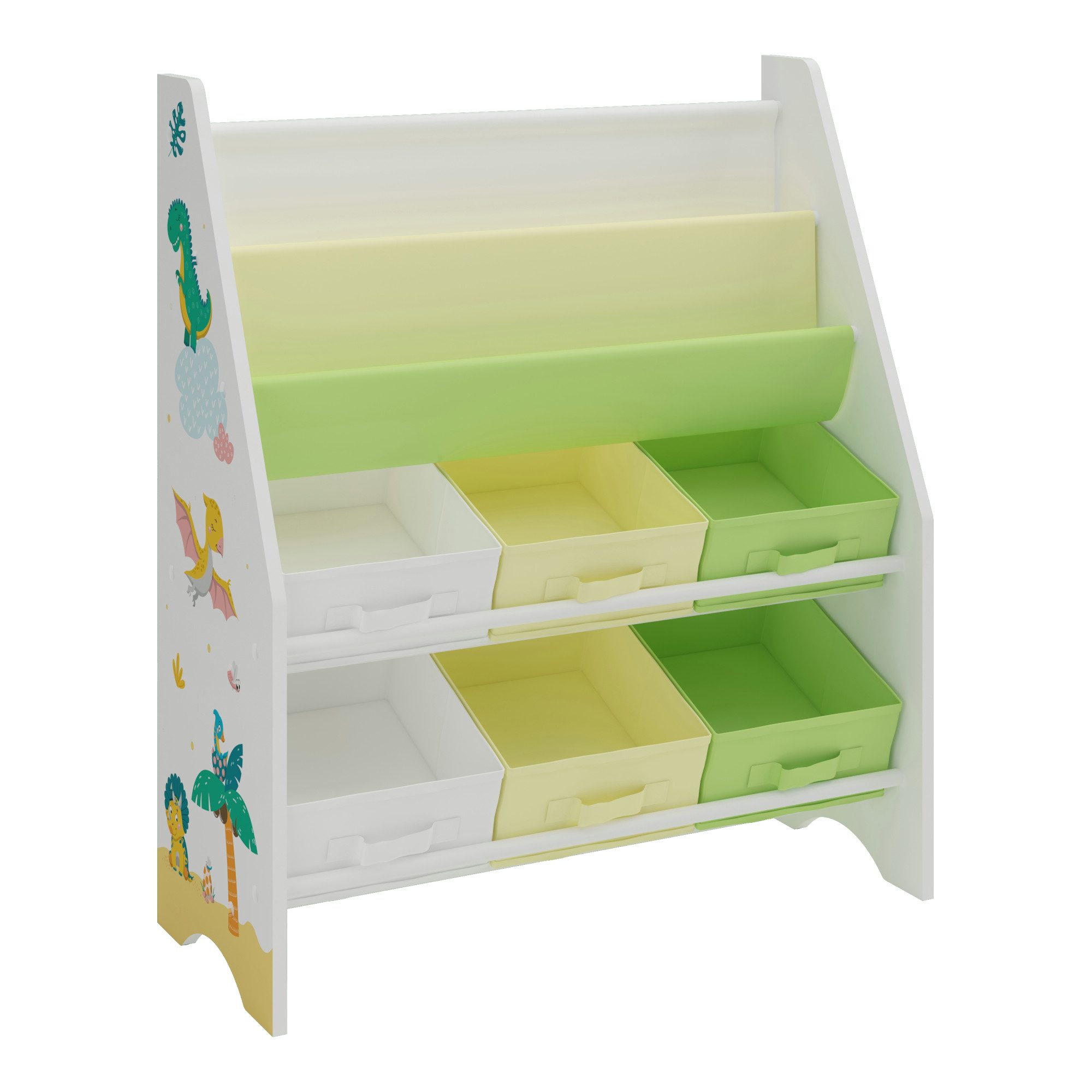 en.casa Kinderregal, »Ponteceso« Dinosaurier-Motiv 74 x 62 x 26,5 cm Weiß/Grün/Gelb