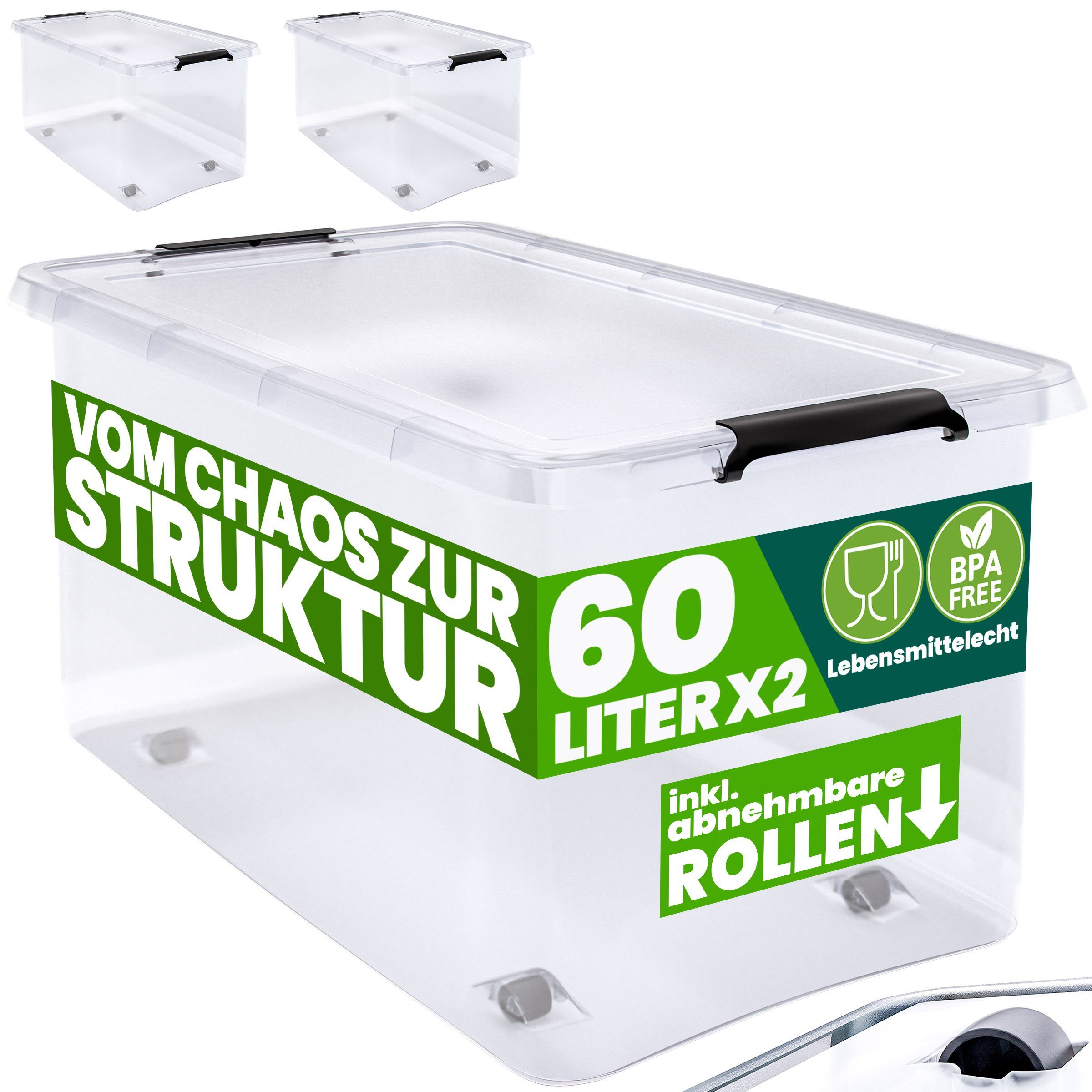 Deuba Aufbewahrungsbox (2 St), 60L Deckel stapelbar Rollen Kunststoff BPA frei Rollbox Kunststoffbox