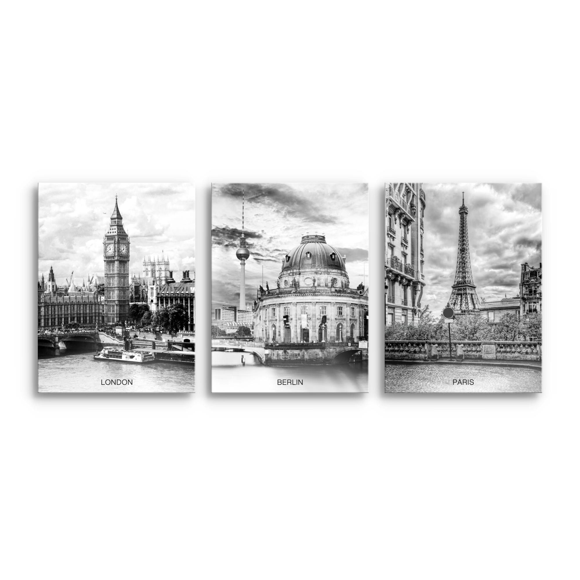 Novart Wandbild Städte Berlin London Paris Schwarz Weiß Bilder Set Deko, London