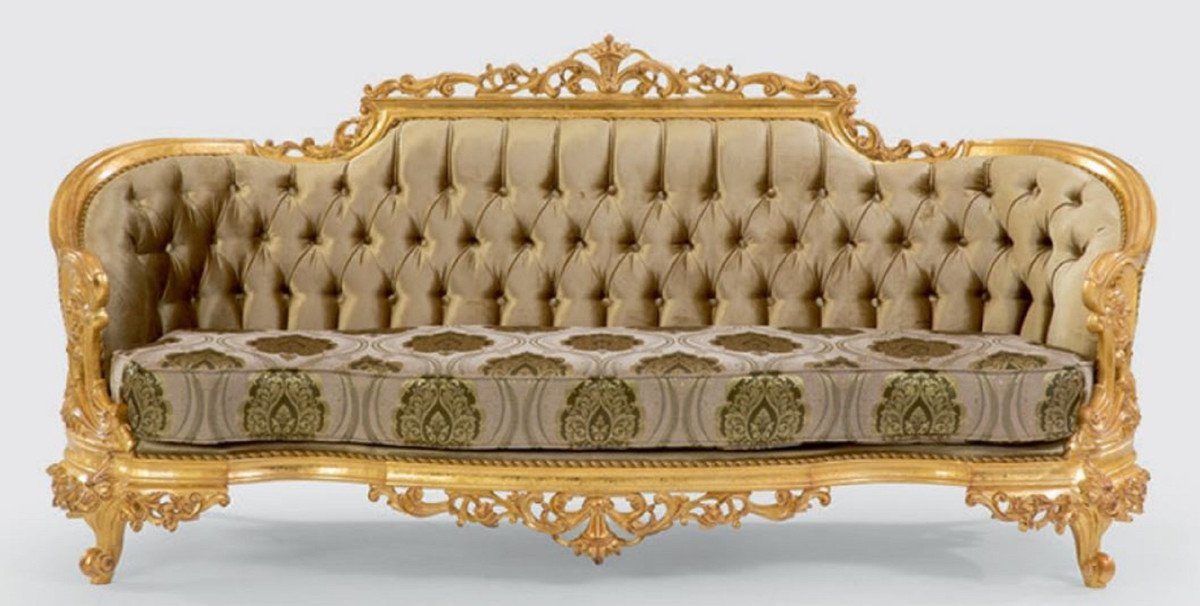 Casa Padrino Sofa Luxus Barock Sofa Grün / Grau / Gold 235 x 95 x H. 110 cm - Handgefertigtes Wohnzimmer Sofa mit elegantem Muster - Barock Wohnzimmer Möbel - Edel & Prunkvoll