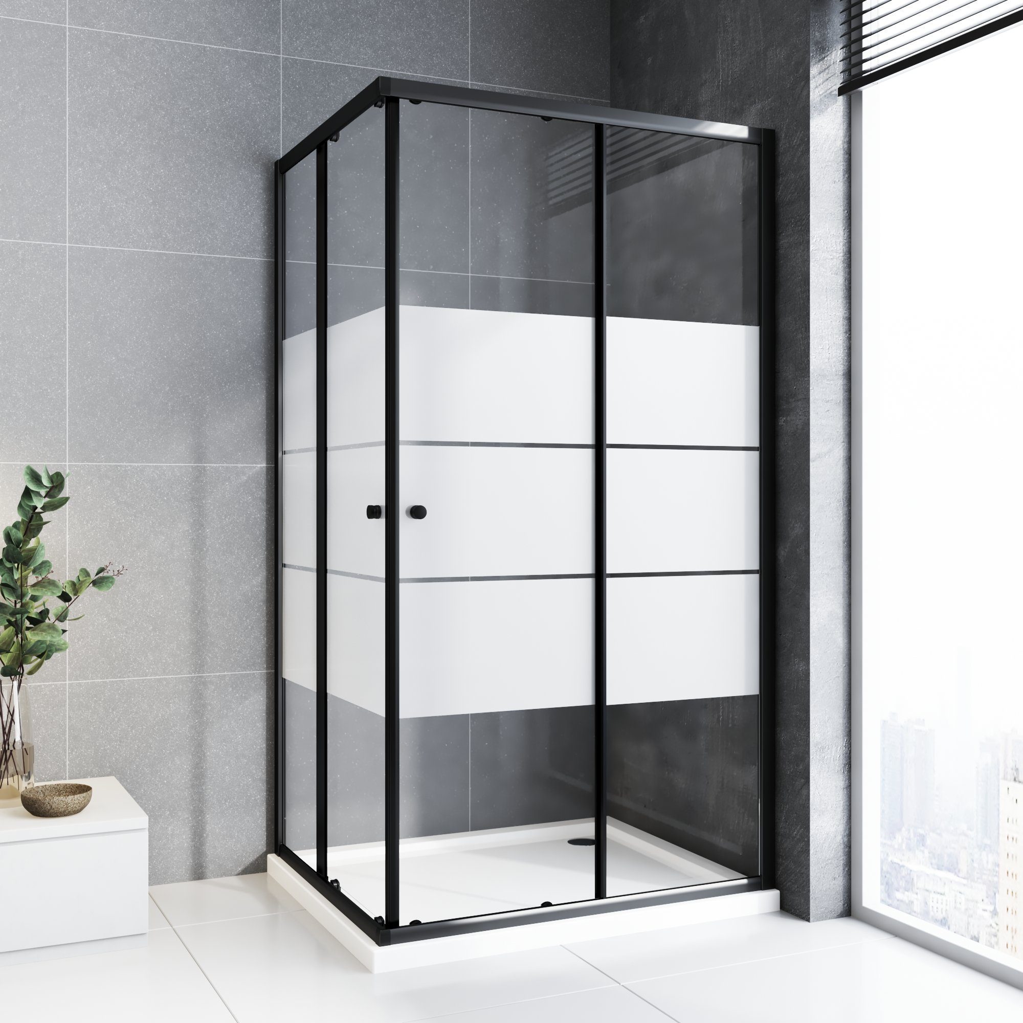 Boromal Eckdusche Schwarz Duschkabine 90 x 90 80 x 80 100 x 100 75 x 90 75 x 75, BxT: 75x75 cm, Sicherheitsglas 5mm, Eckeinstieg Schiebetür Milchglas,  Alurahmen, Aluprofile, Magnetverschluss